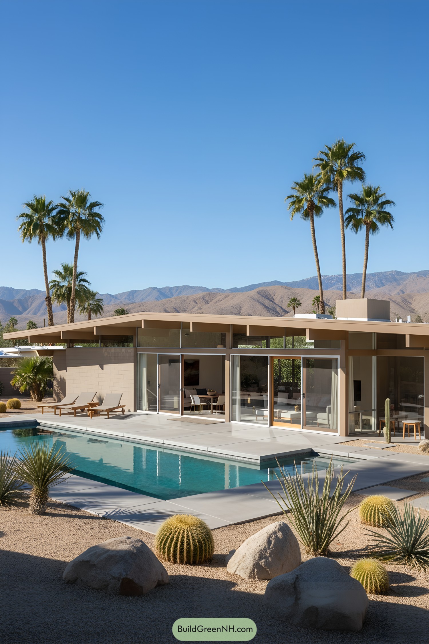 Mid-century modern home with pool and palm trees