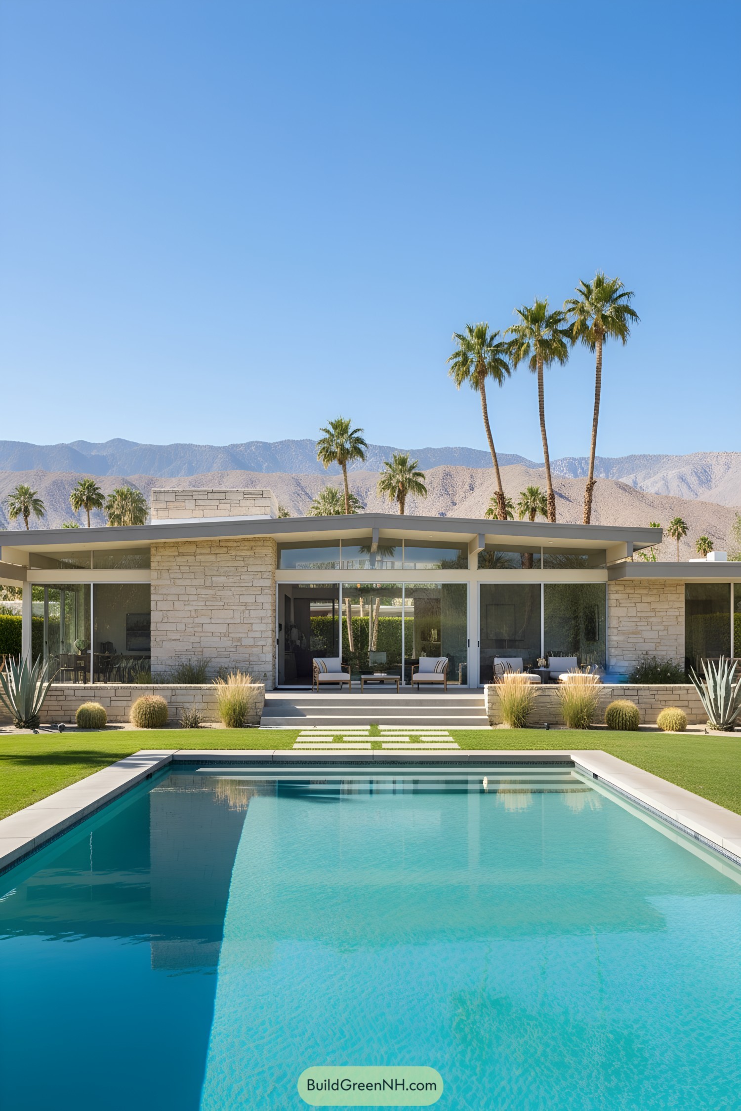 Elegant mid-century modern home with a pool and desert backdrop