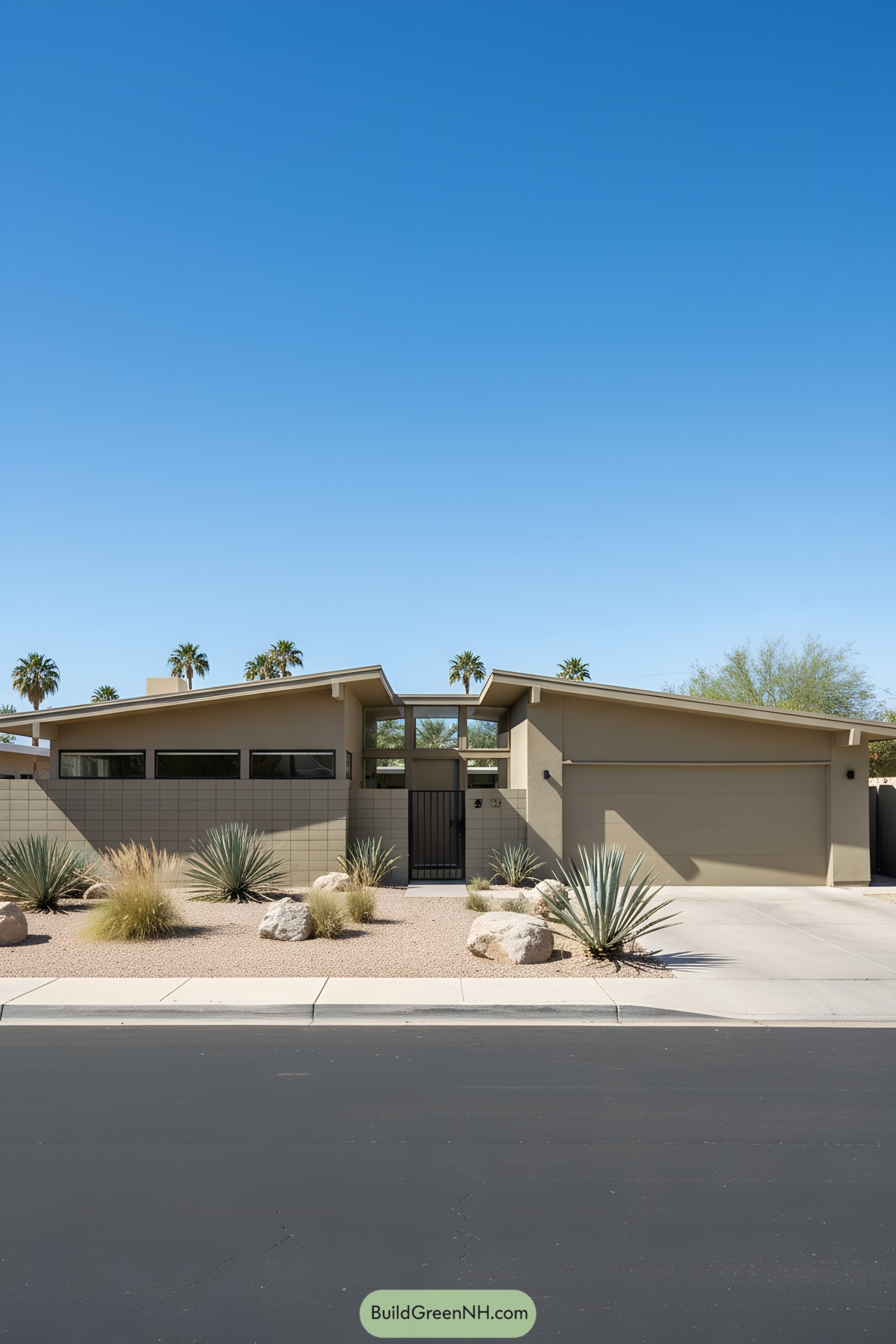 Desert home with mid-century architecture and modern desert landscaping