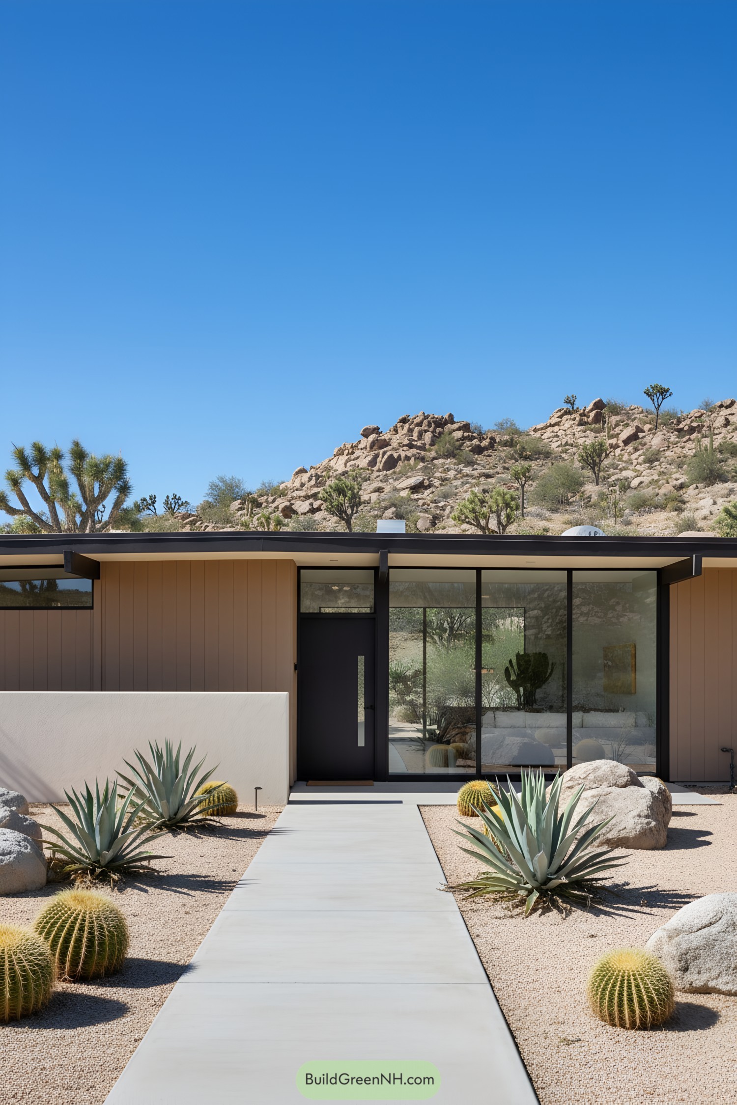 Modern desert home with large windows and minimalist landscaping