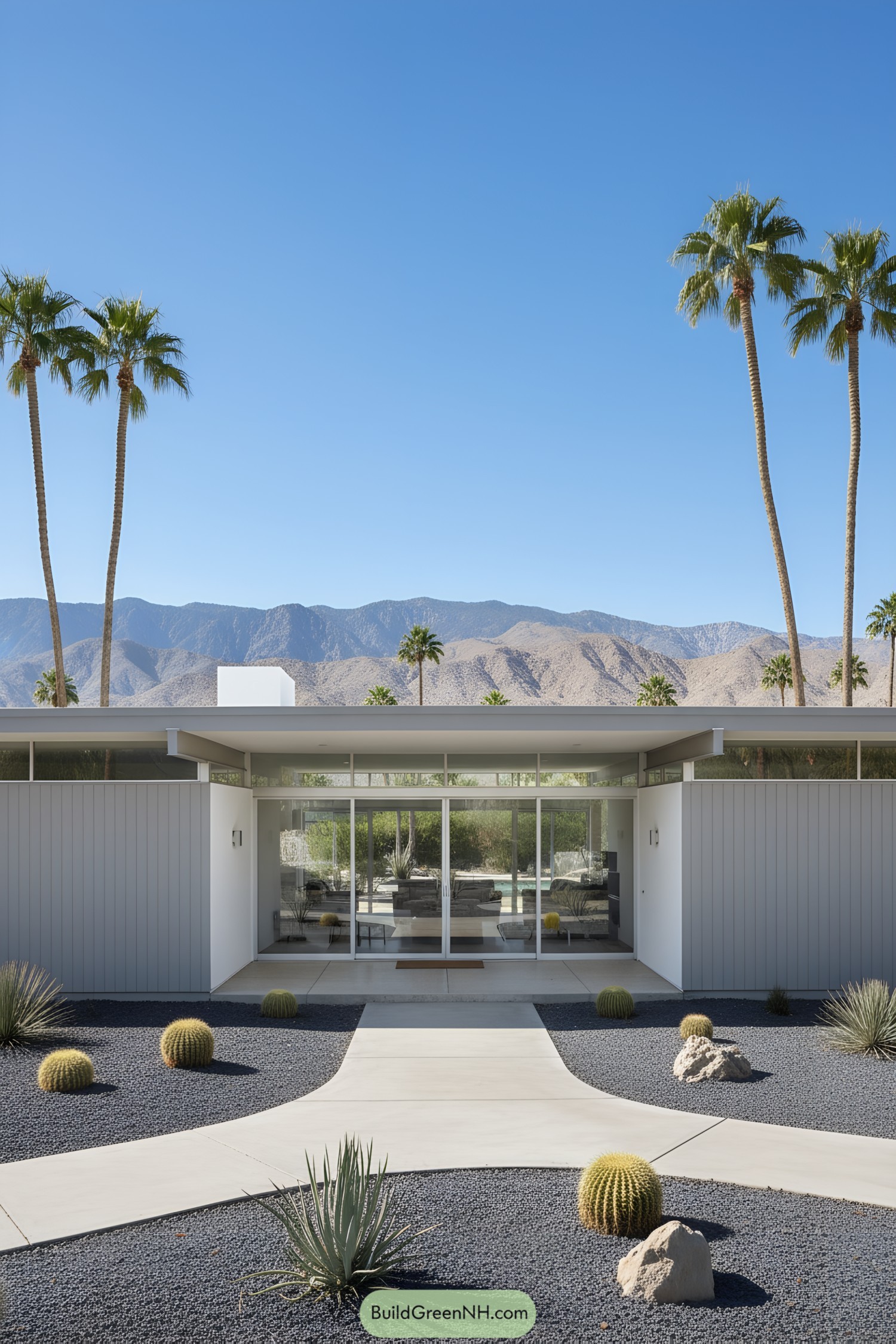 Modern desert home with cacti and palm trees
