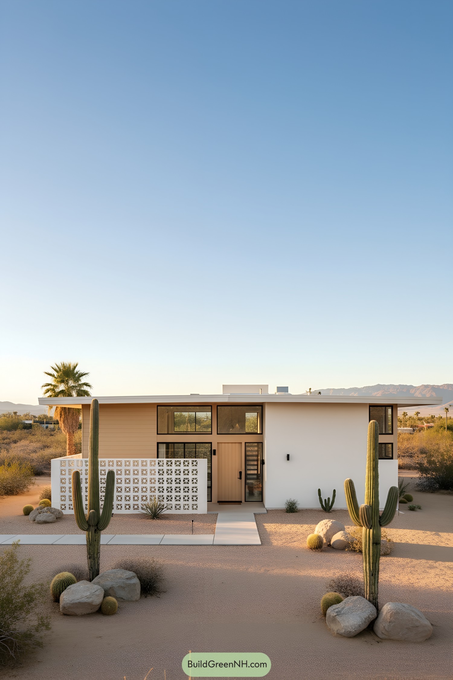 Modern desert home with cacti and patterned wall