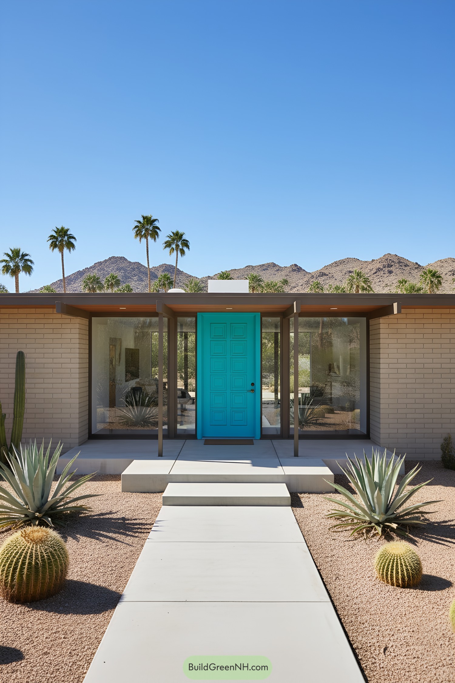 Mid-century modern home with a bright blue door