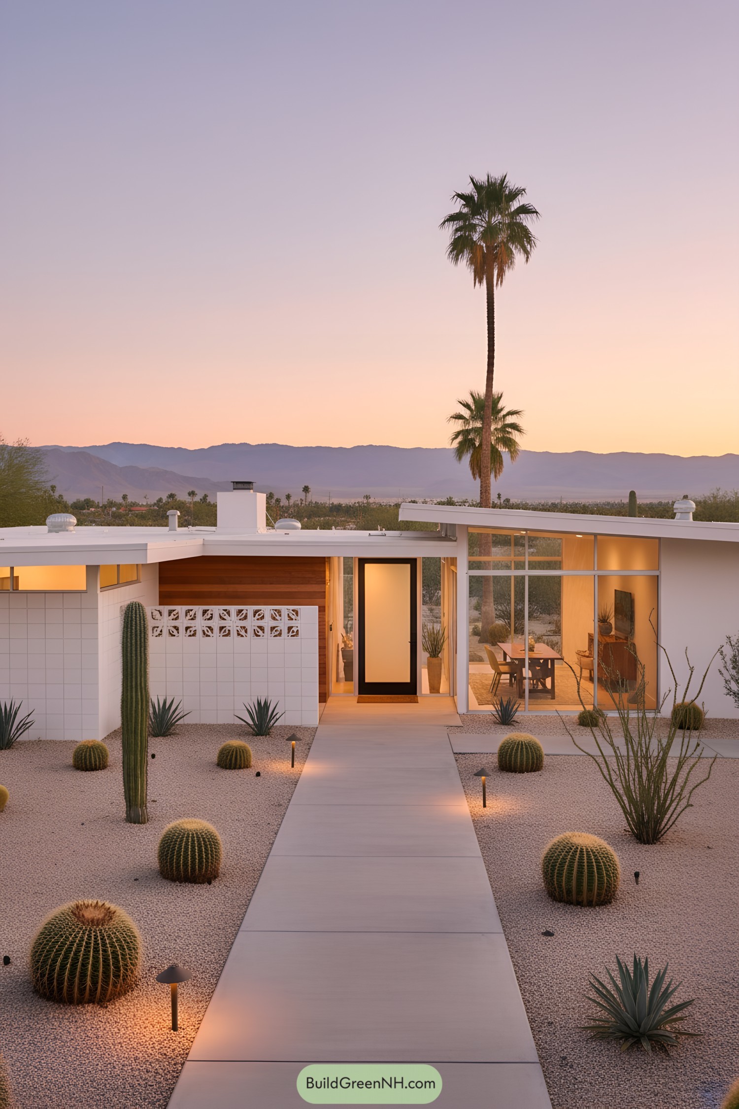 Mid-century home surrounded by cacti at sunset