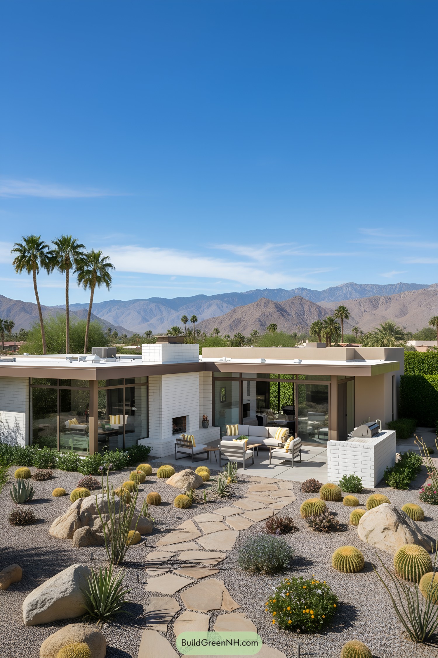 Desert home with modern design and lush landscaping