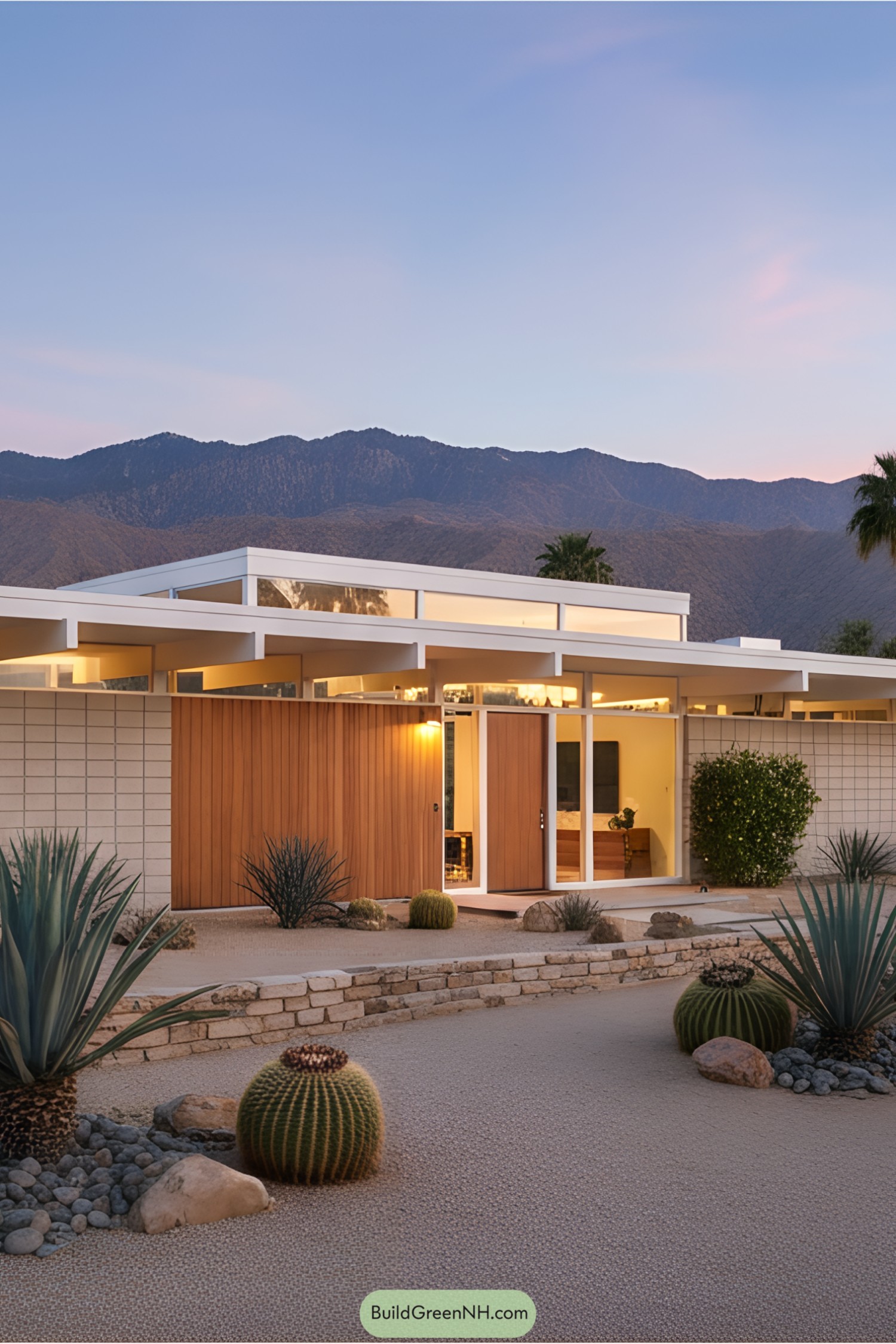 A mid-century home surrounded by cacti, mountains in the background