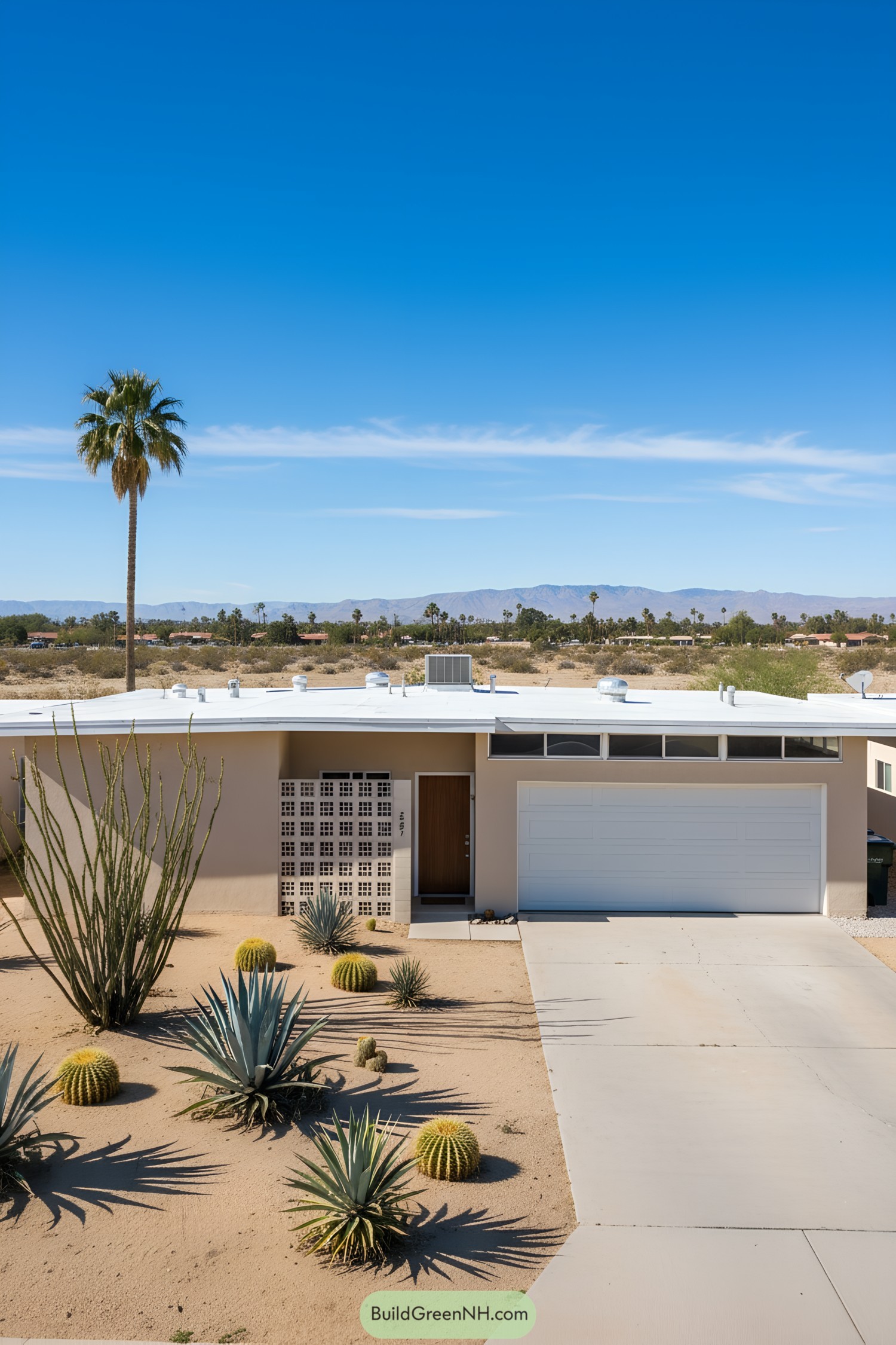 Mid-century modern house with desert landscaping and a palm tree