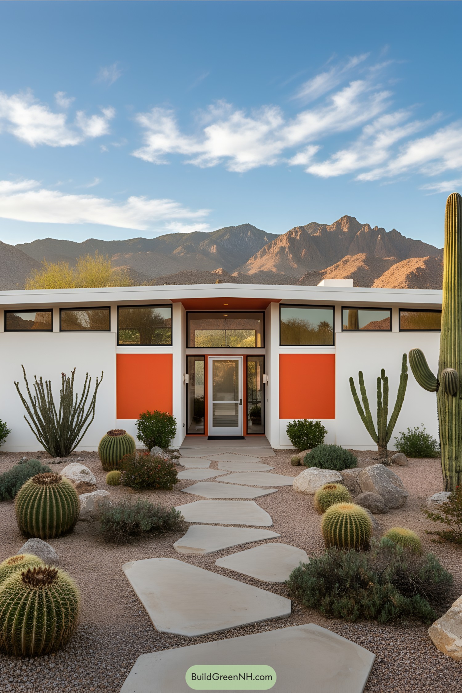 White and orange mid-century home with mountains and cacti