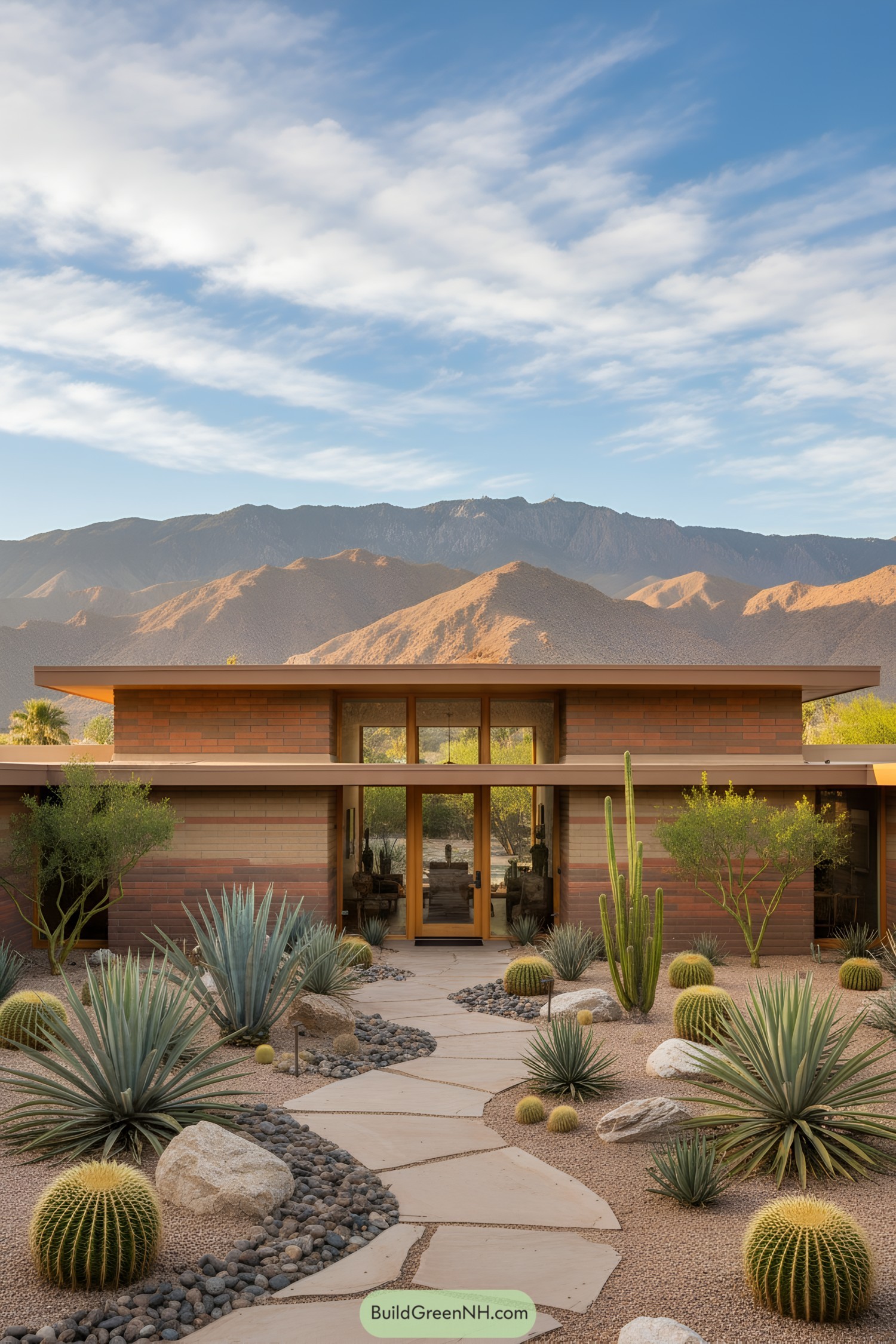 Mid-century modern home with desert landscaping and mountains