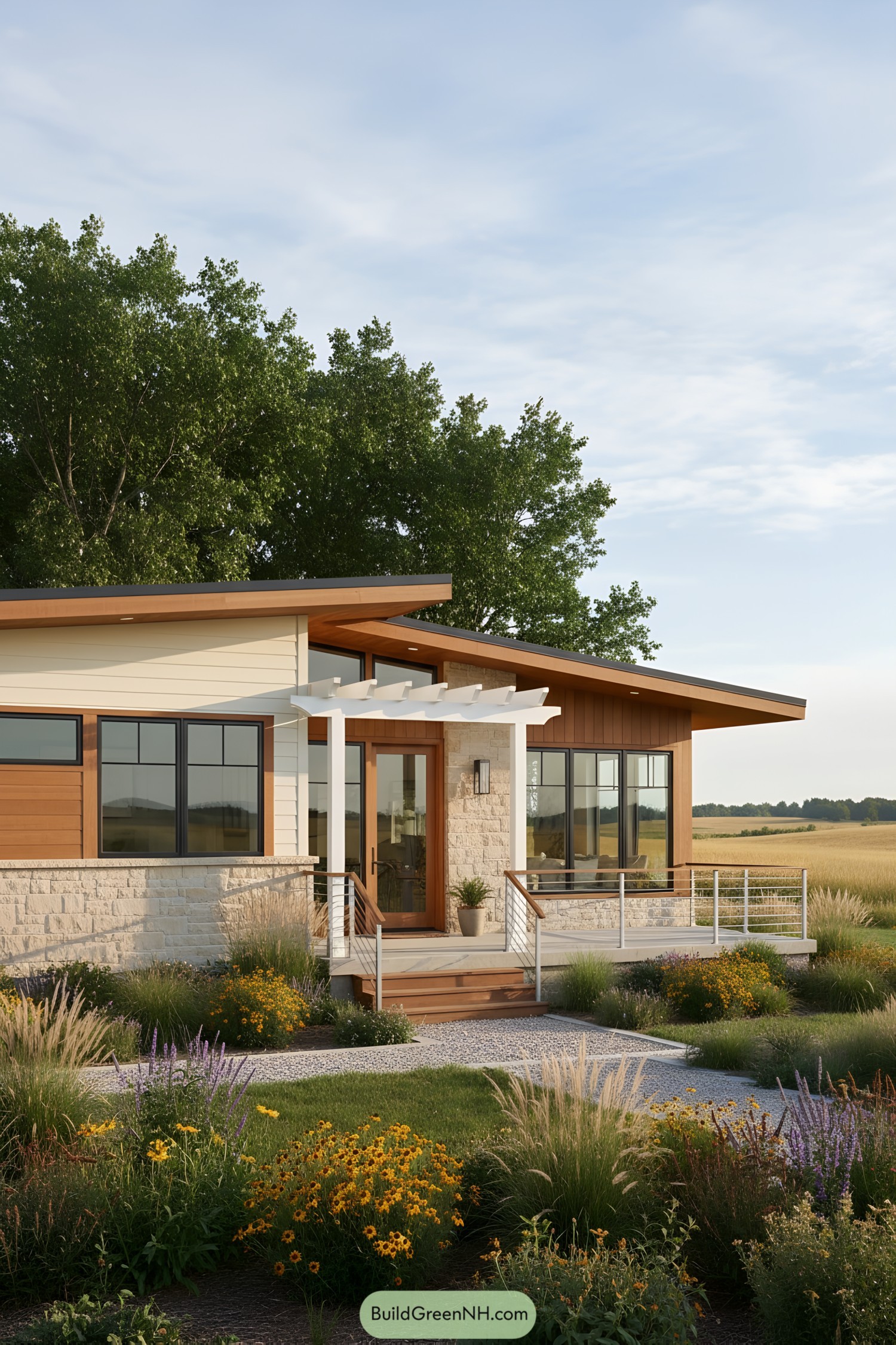 Modern farmhouse with a flat roof and large windows surrounded by colorful flowers