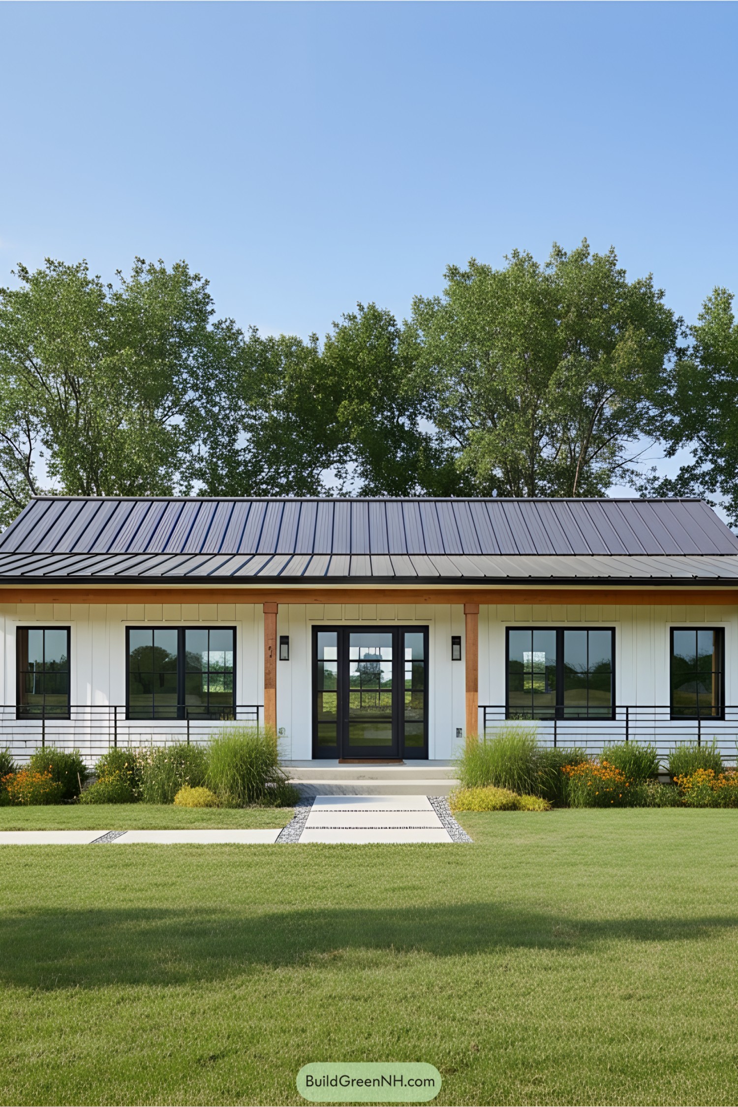 White farmhouse with metal roof and modern landscaping