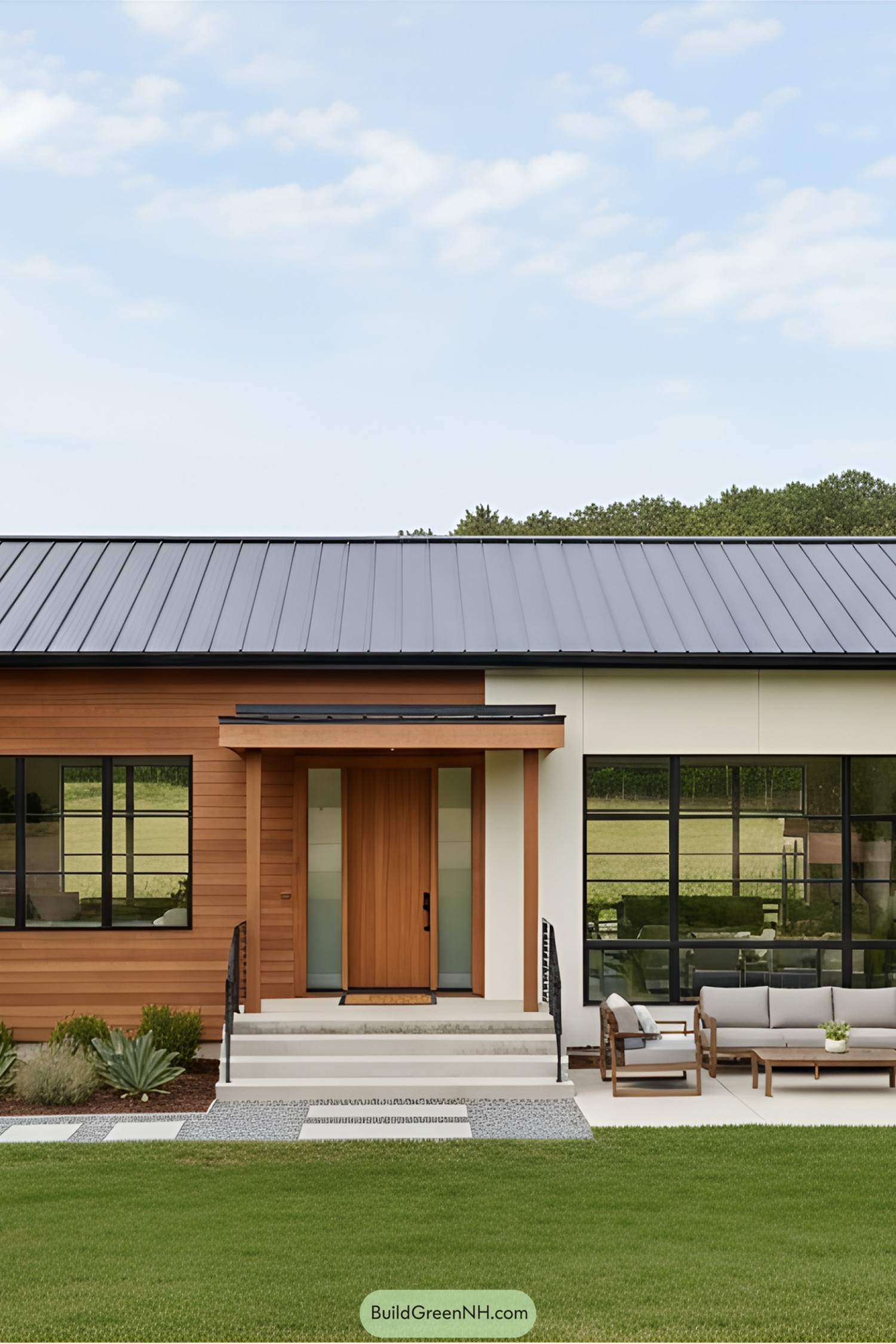 A sleek, mid-century modern farmhouse with a modern twist