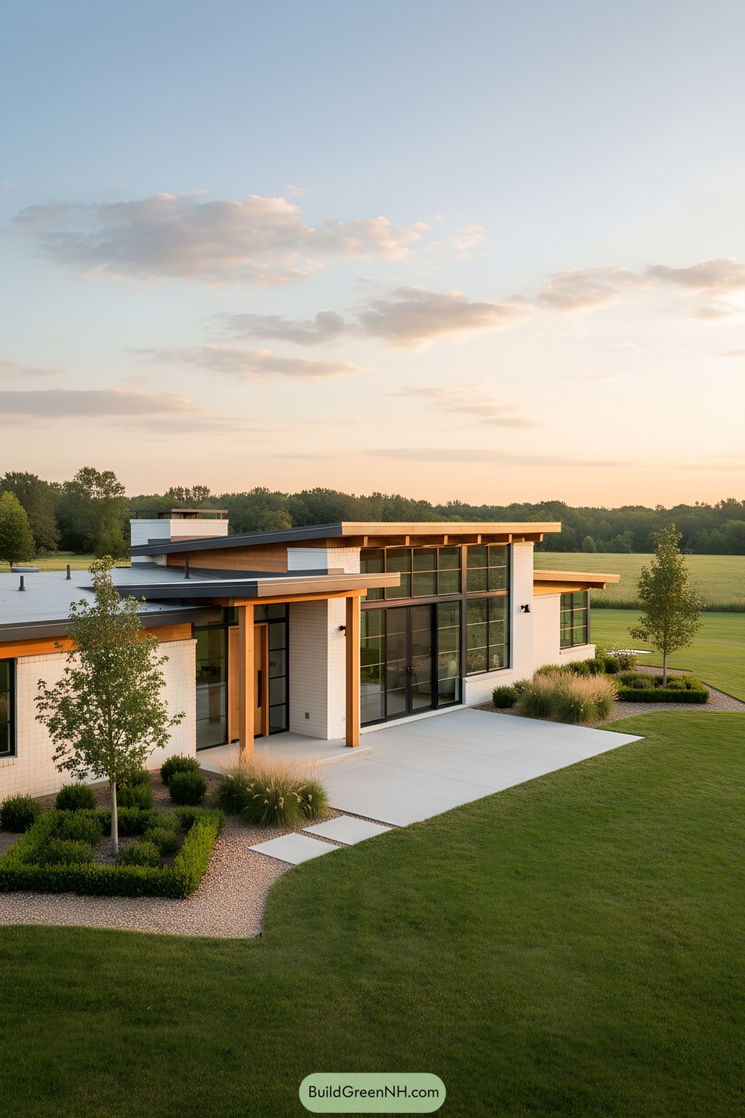 Contemporary farmhouse with sleek windows and a flat roof nestled in a green landscape