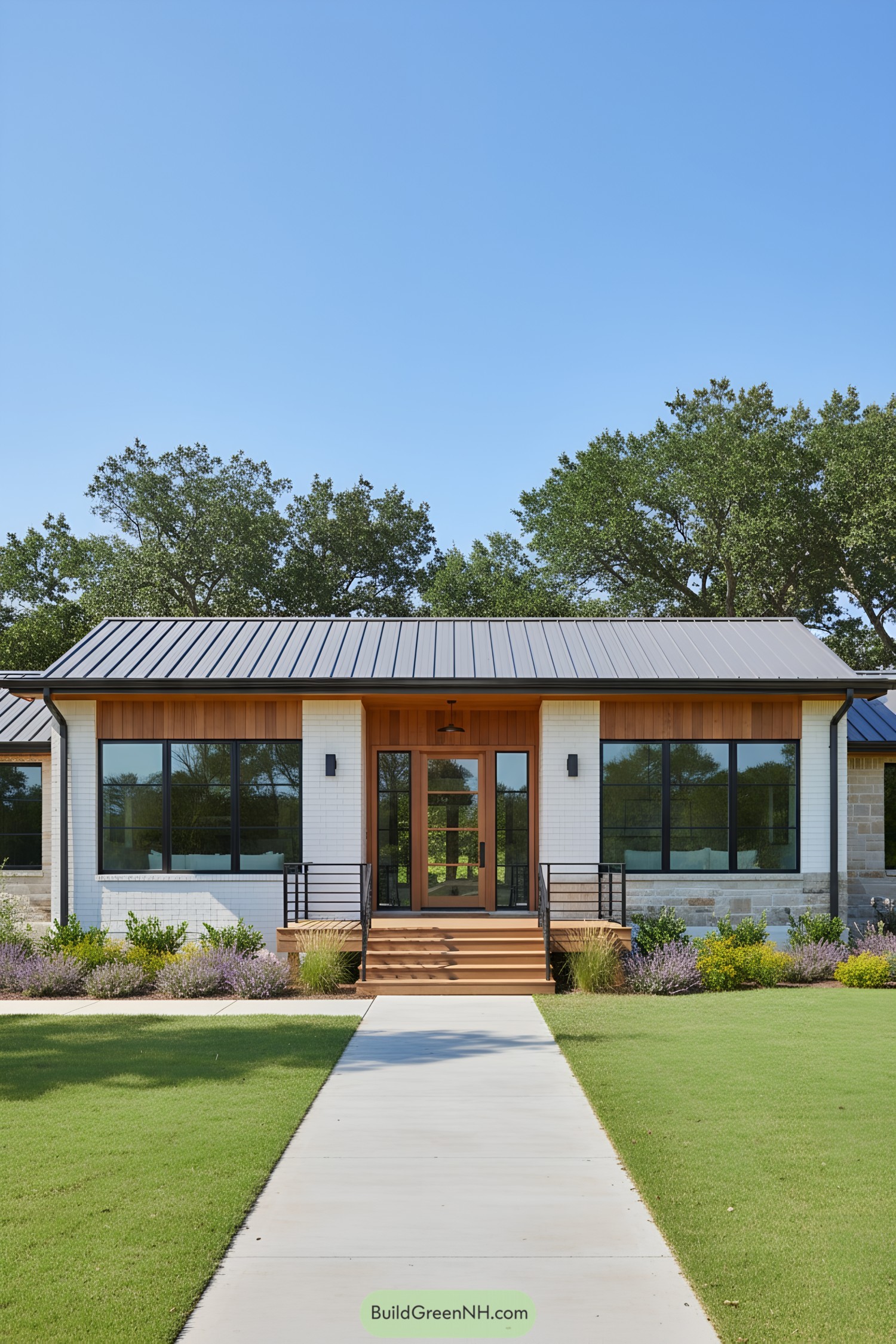 Modern farmhouse with sleek design and large windows
