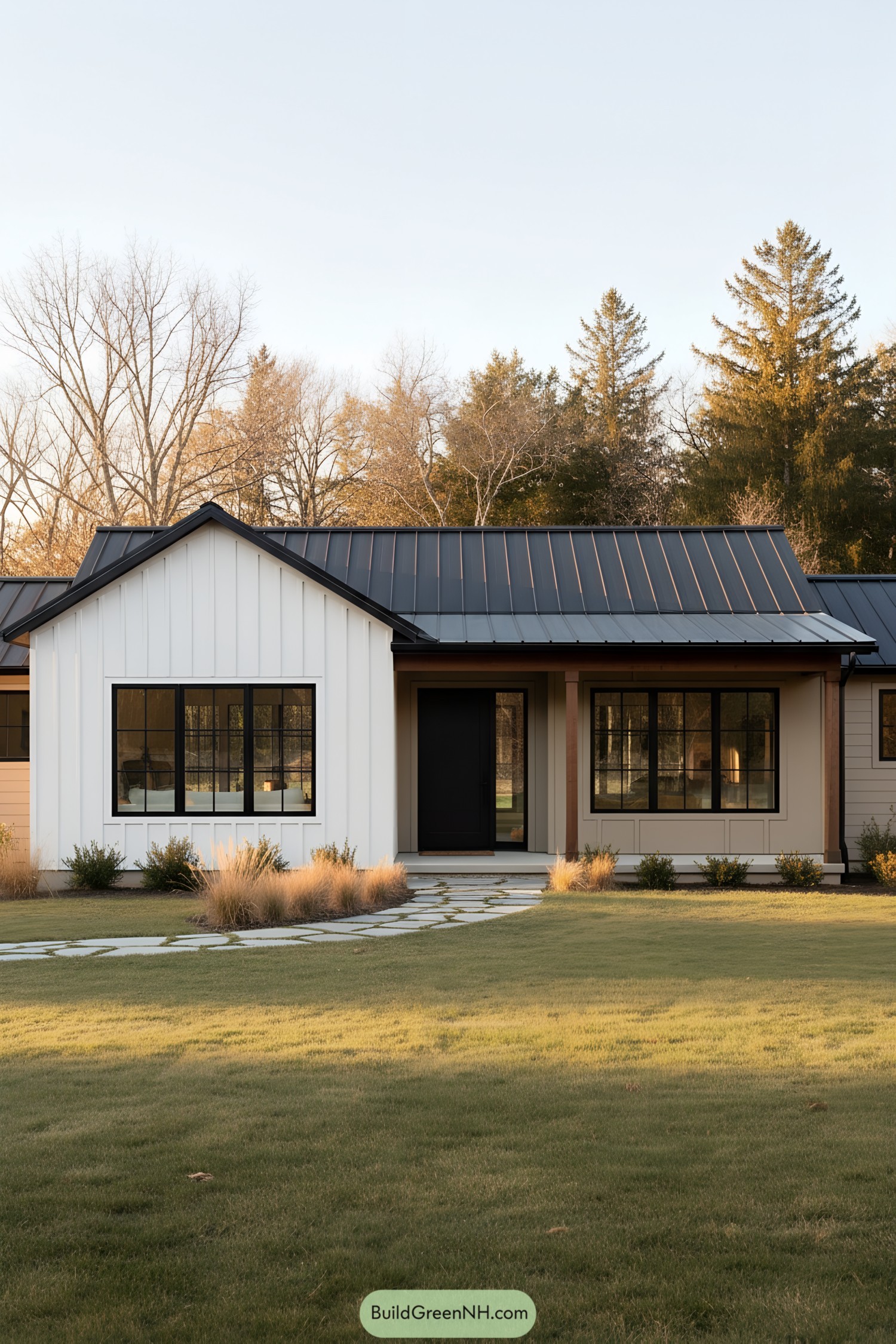 Modern farmhouse with a sleek exterior and manicured lawn
