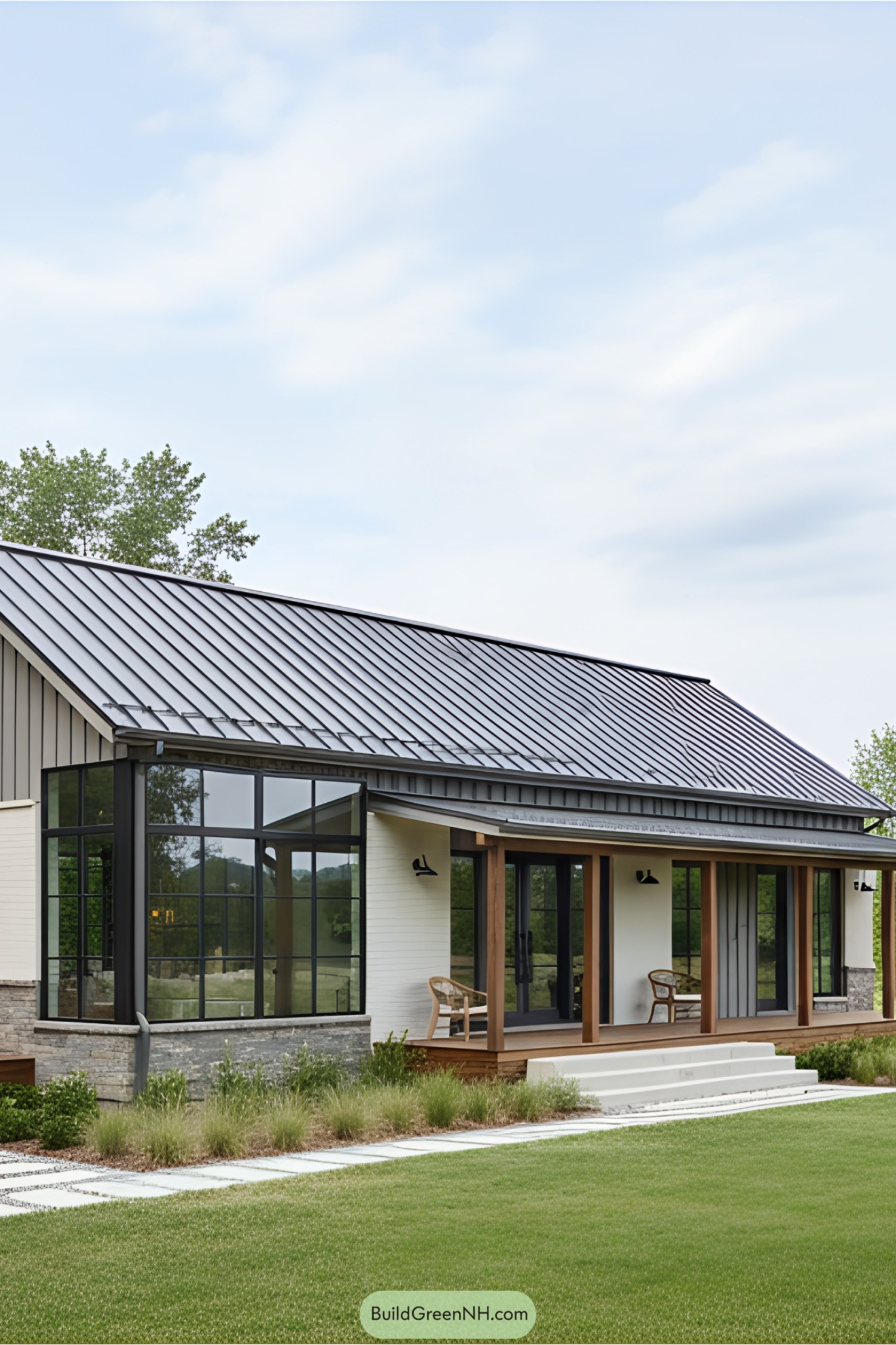 Sleek mid-century modern farmhouse with large windows and rustic accents