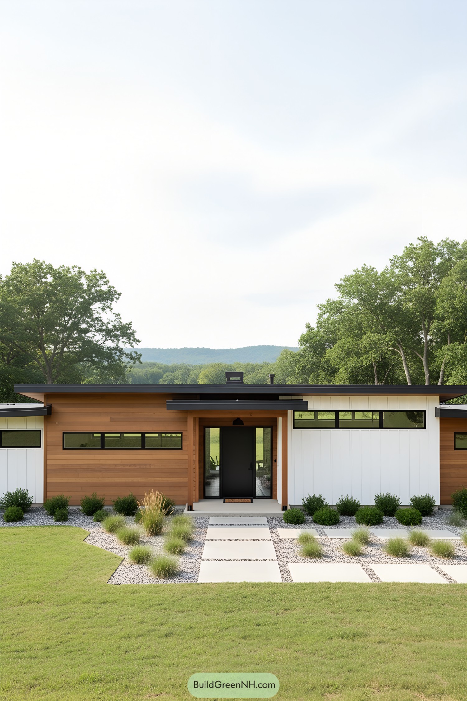 Modern farmhouse with sleek lines, surrounded by greenery