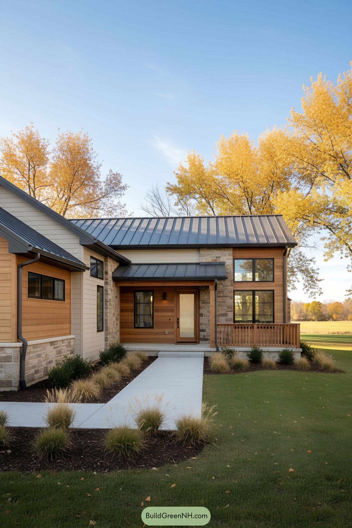 Mid-century farmhouse with sleek lines and vibrant autumn backdrop
