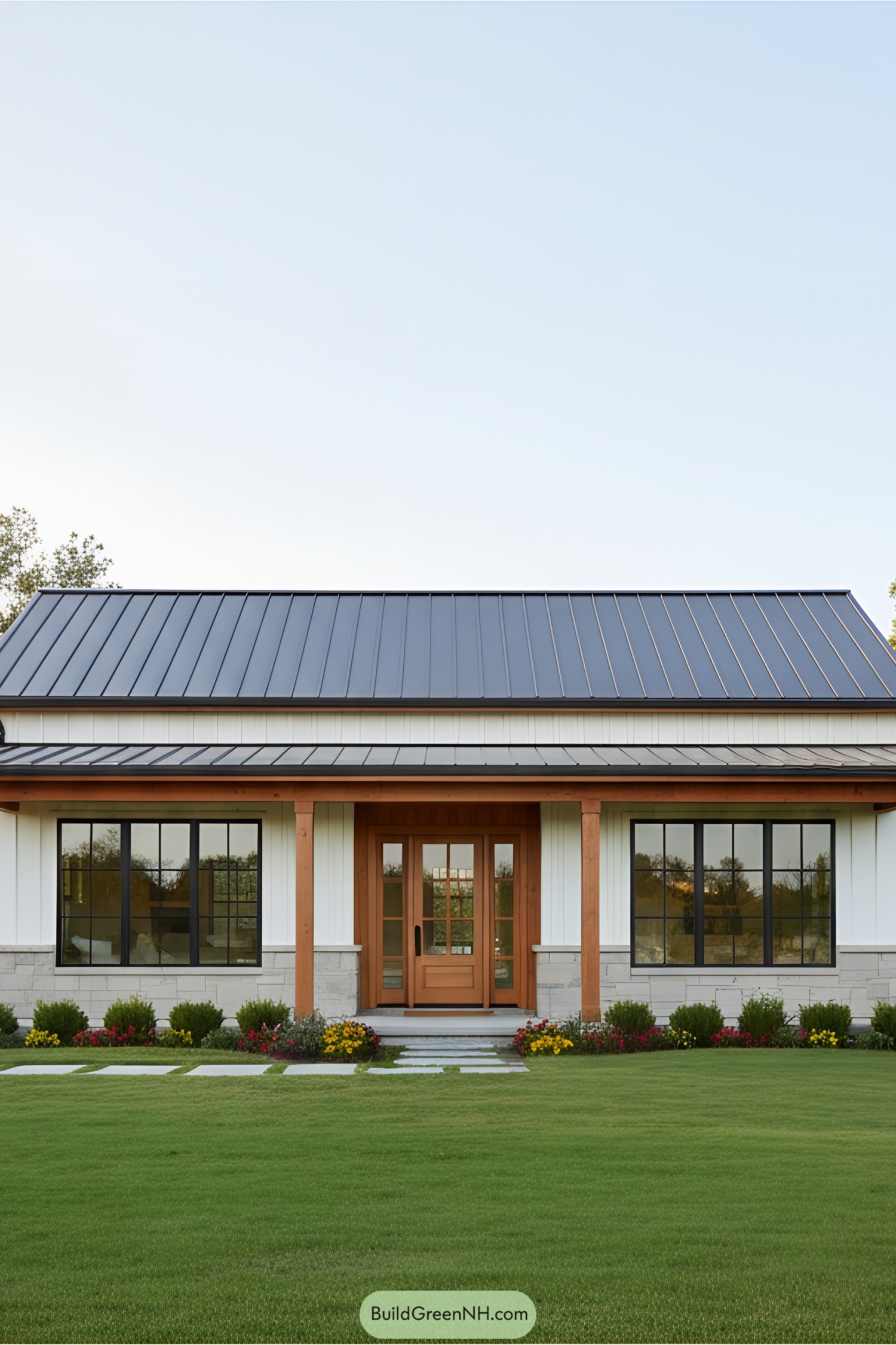 Stylish farmhouse with metal roof and large windows