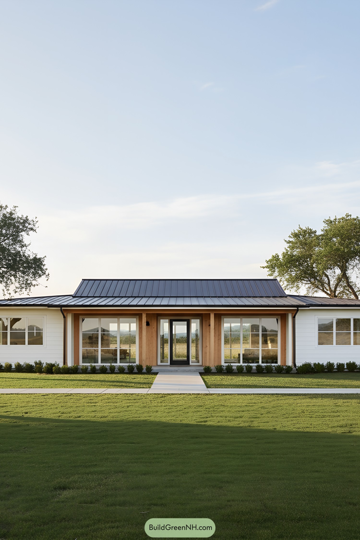 Modern farmhouse with large windows and metal roof