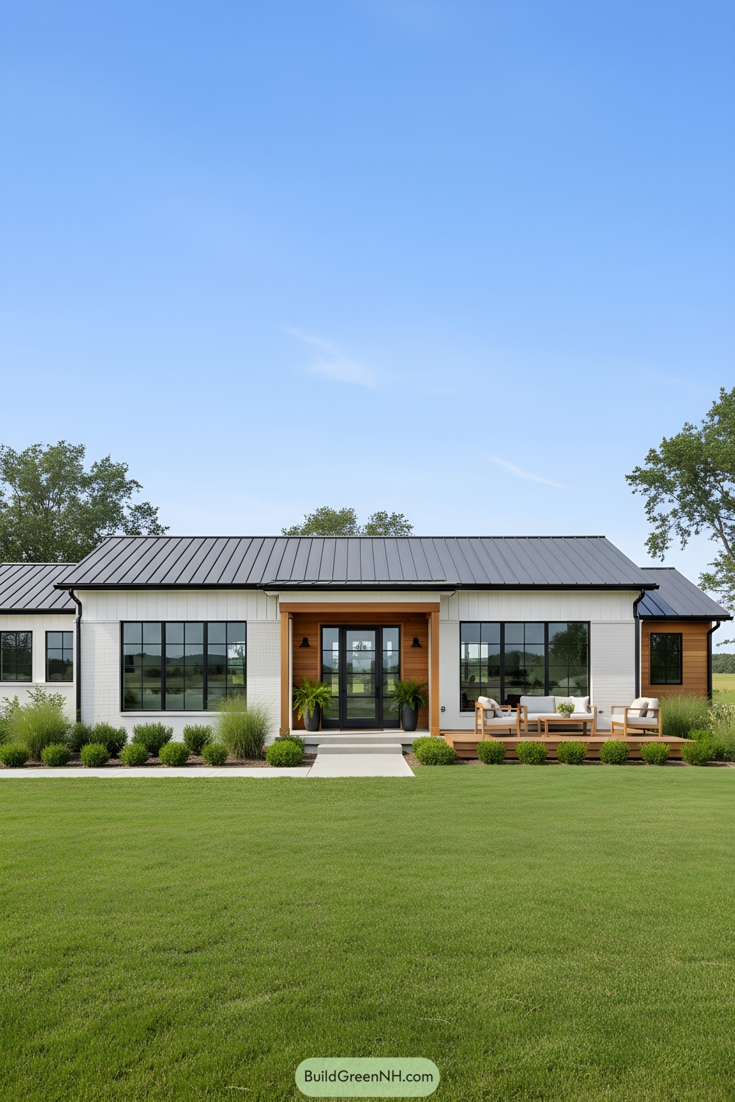 Sleek modern farmhouse with a spacious yard