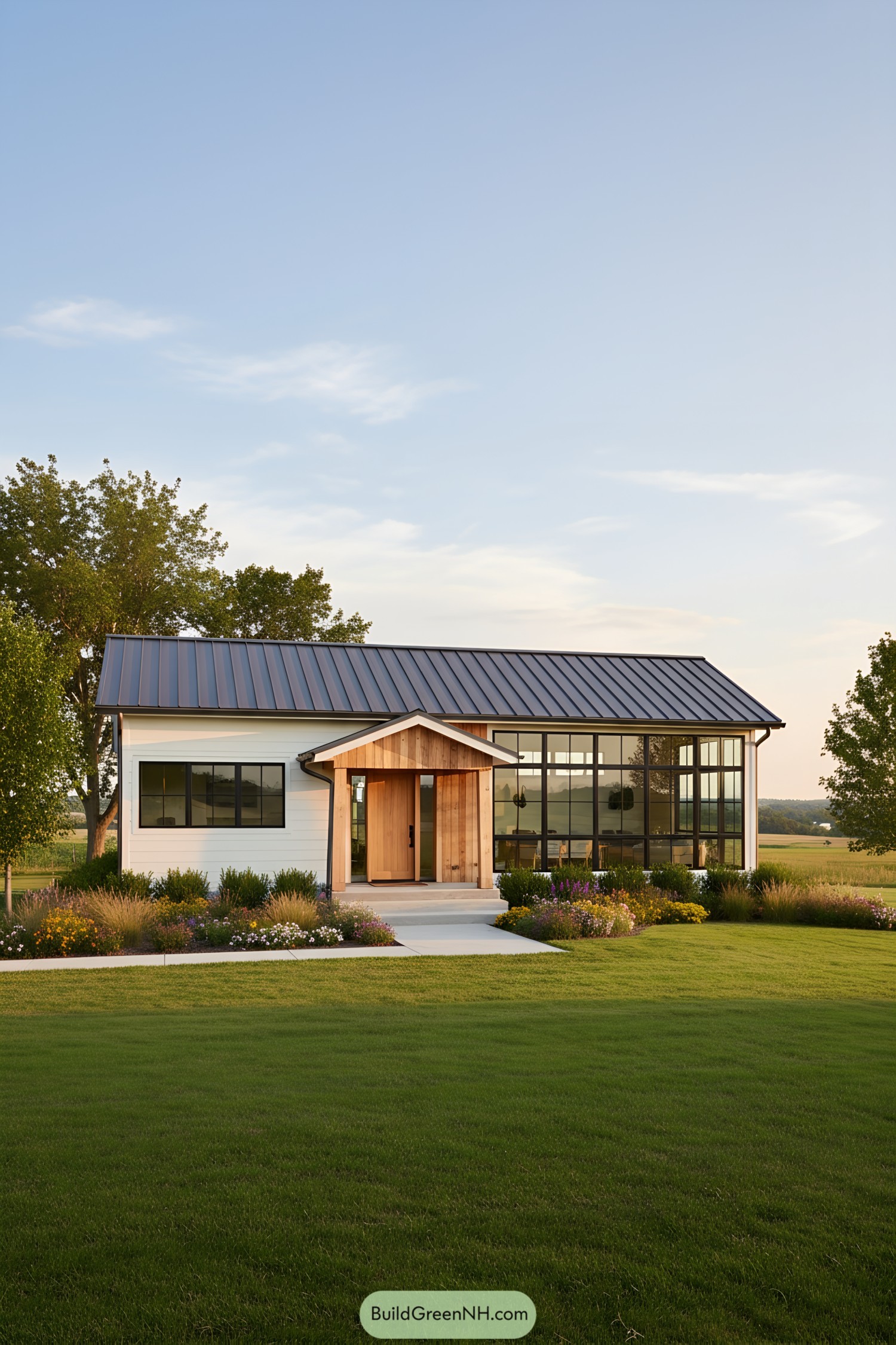 Mid-century modern farmhouse with large windows and manicured lawn