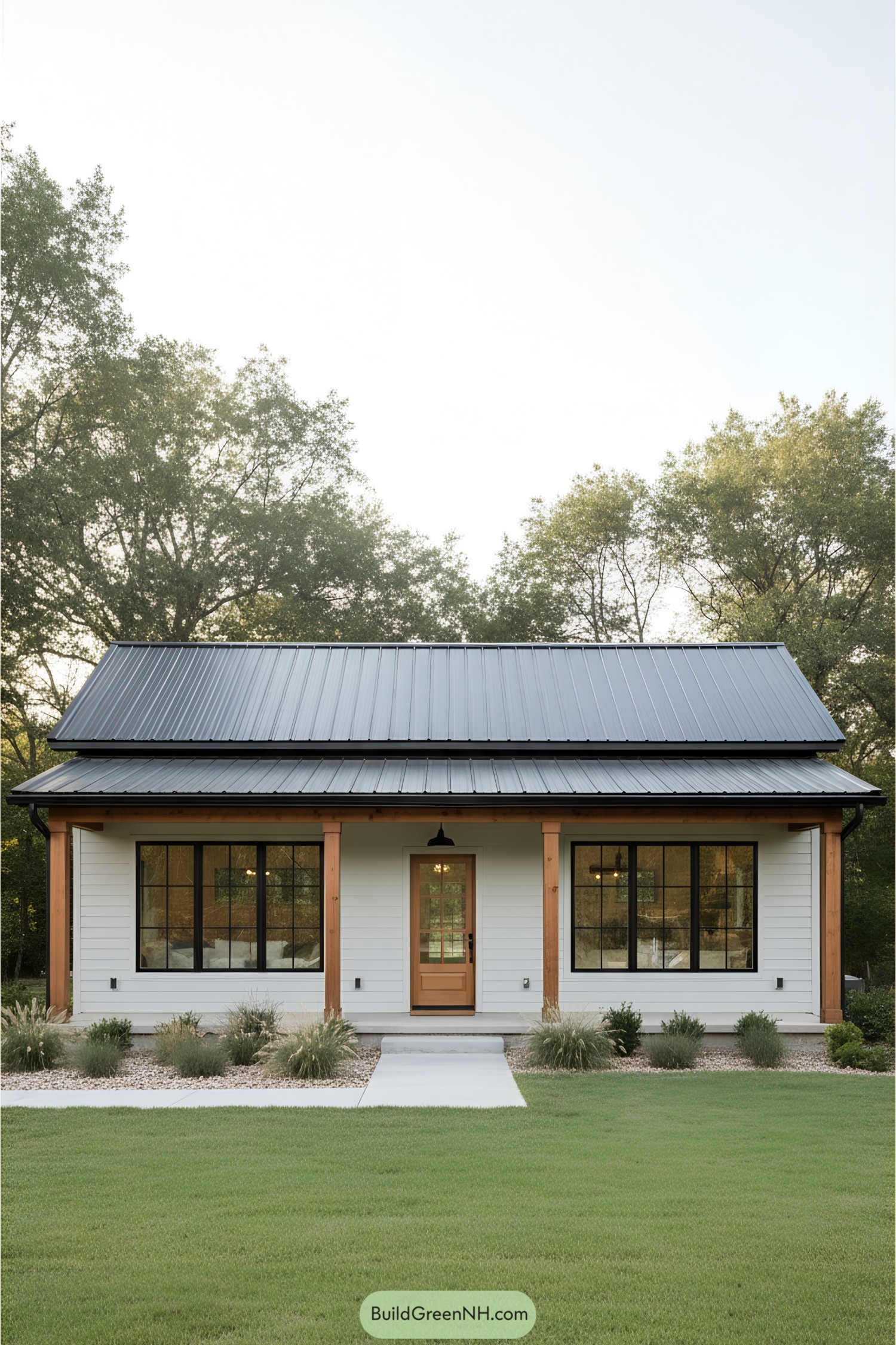 Sleek white farmhouse with metal roof
