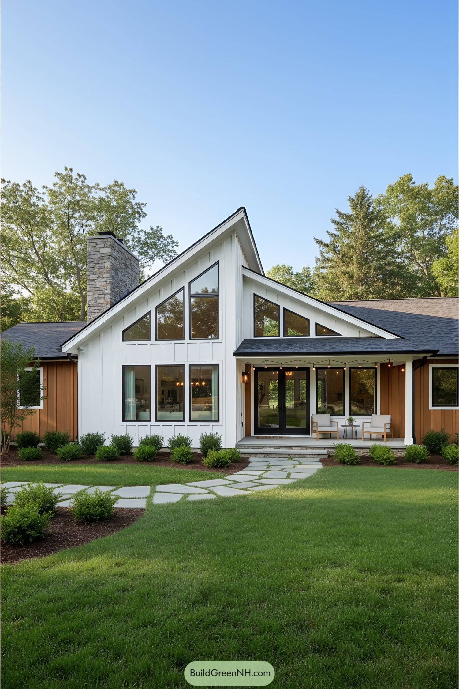 A stylish mid-century modern farmhouse with sleek angles and large windows