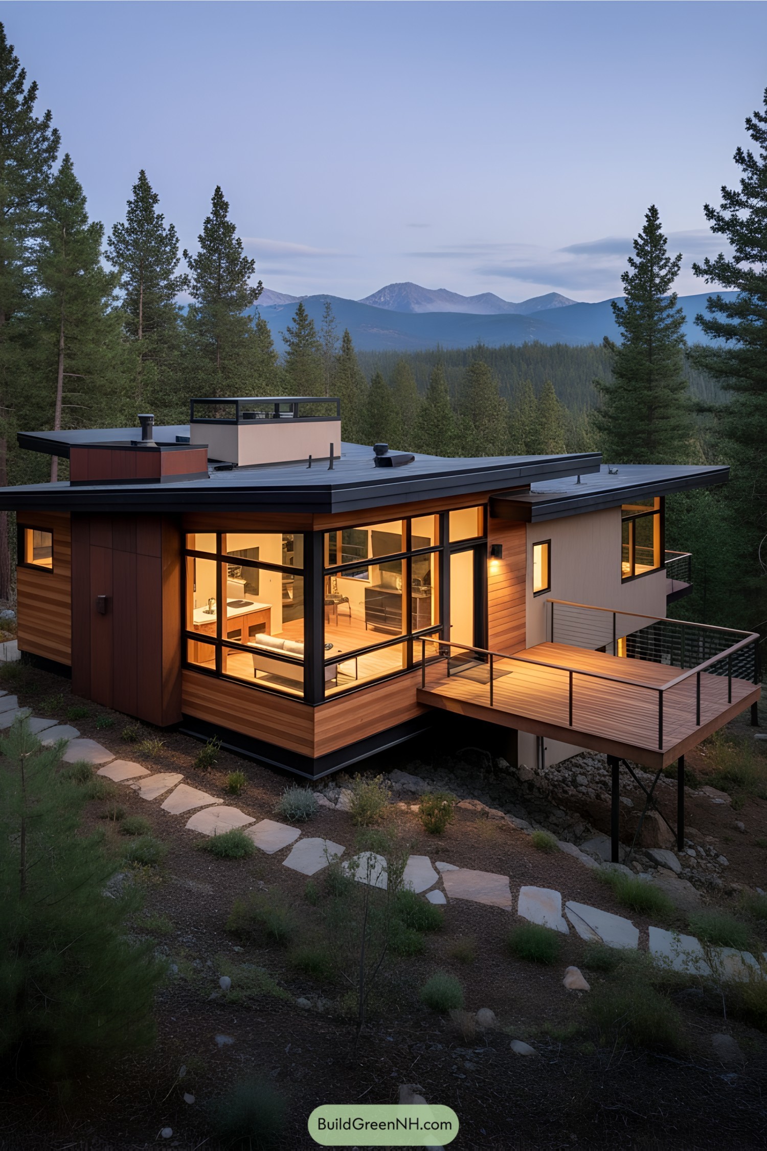 Mid-century style mountain house with large windows and a deck