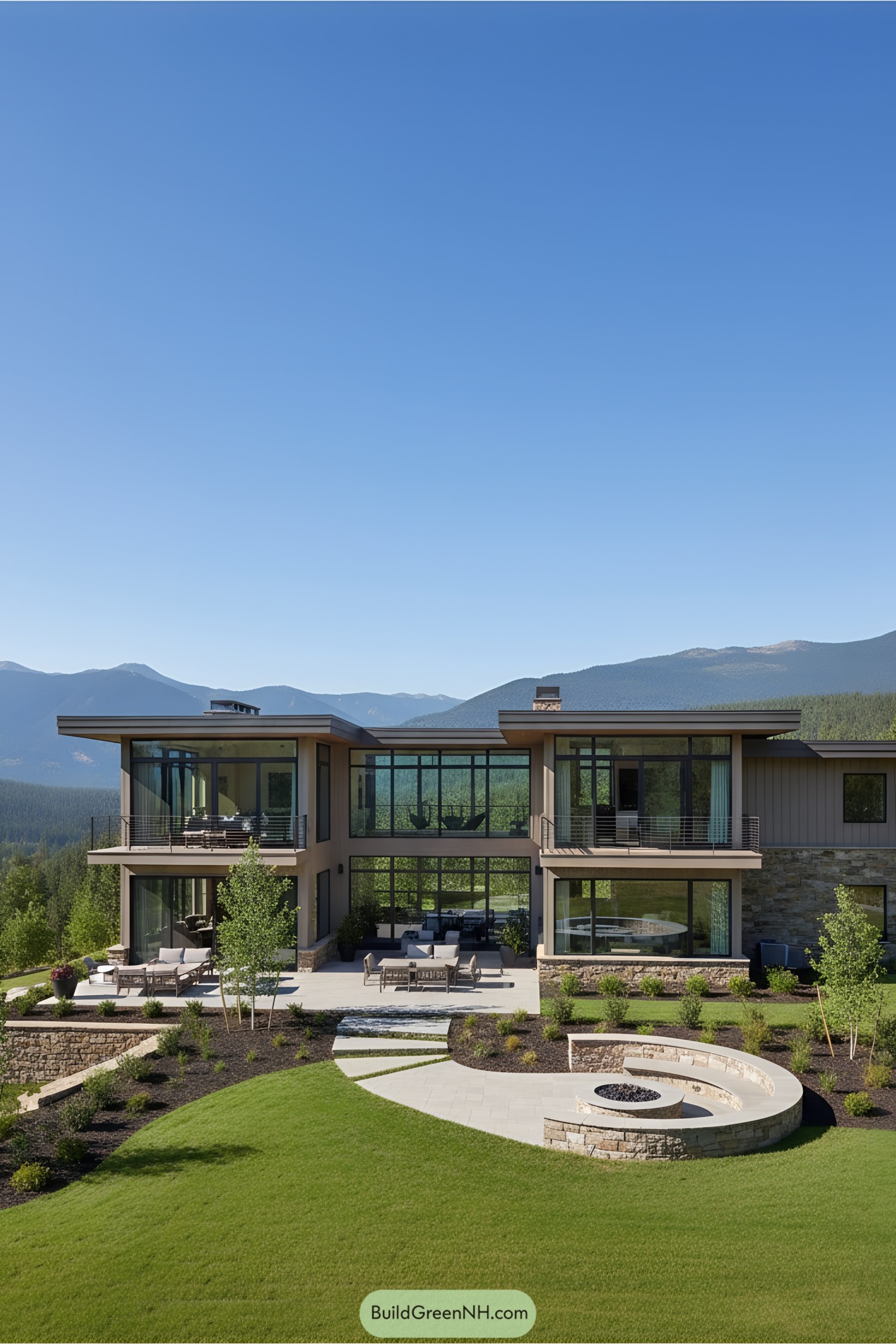 Modern house with large windows and mountain views