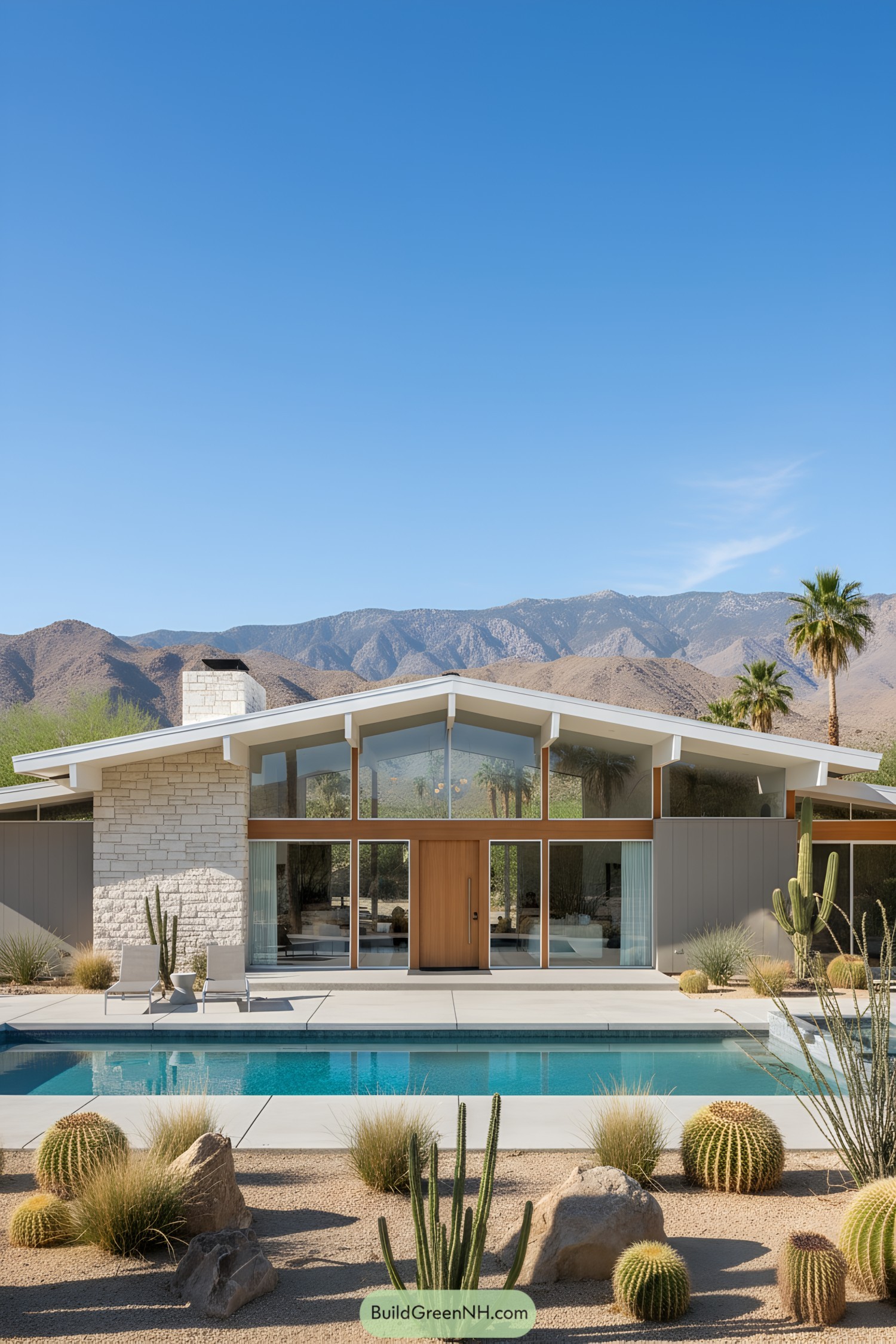 Mid-century home with pool and mountain backdrop