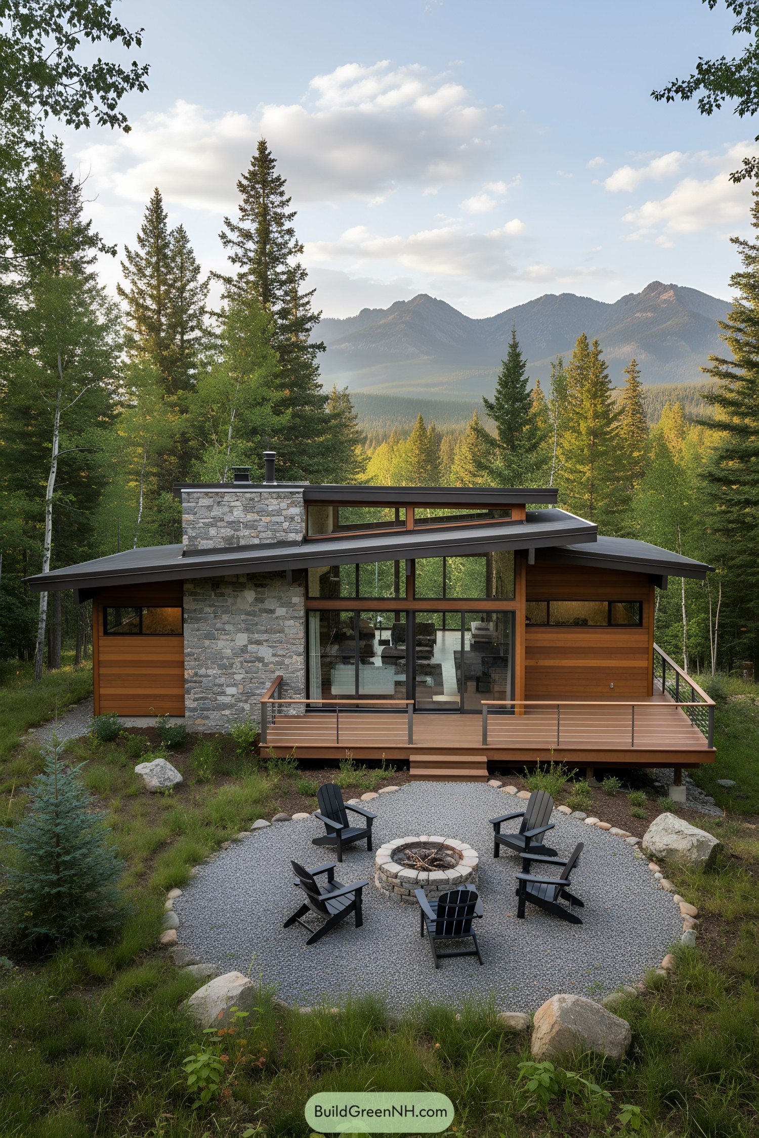 Mid-century modern house with wooden deck and mountains in background