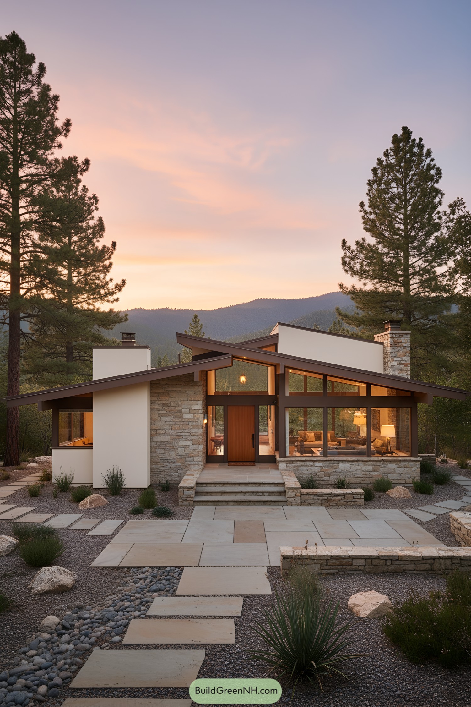 Mid-century modern house with mountains