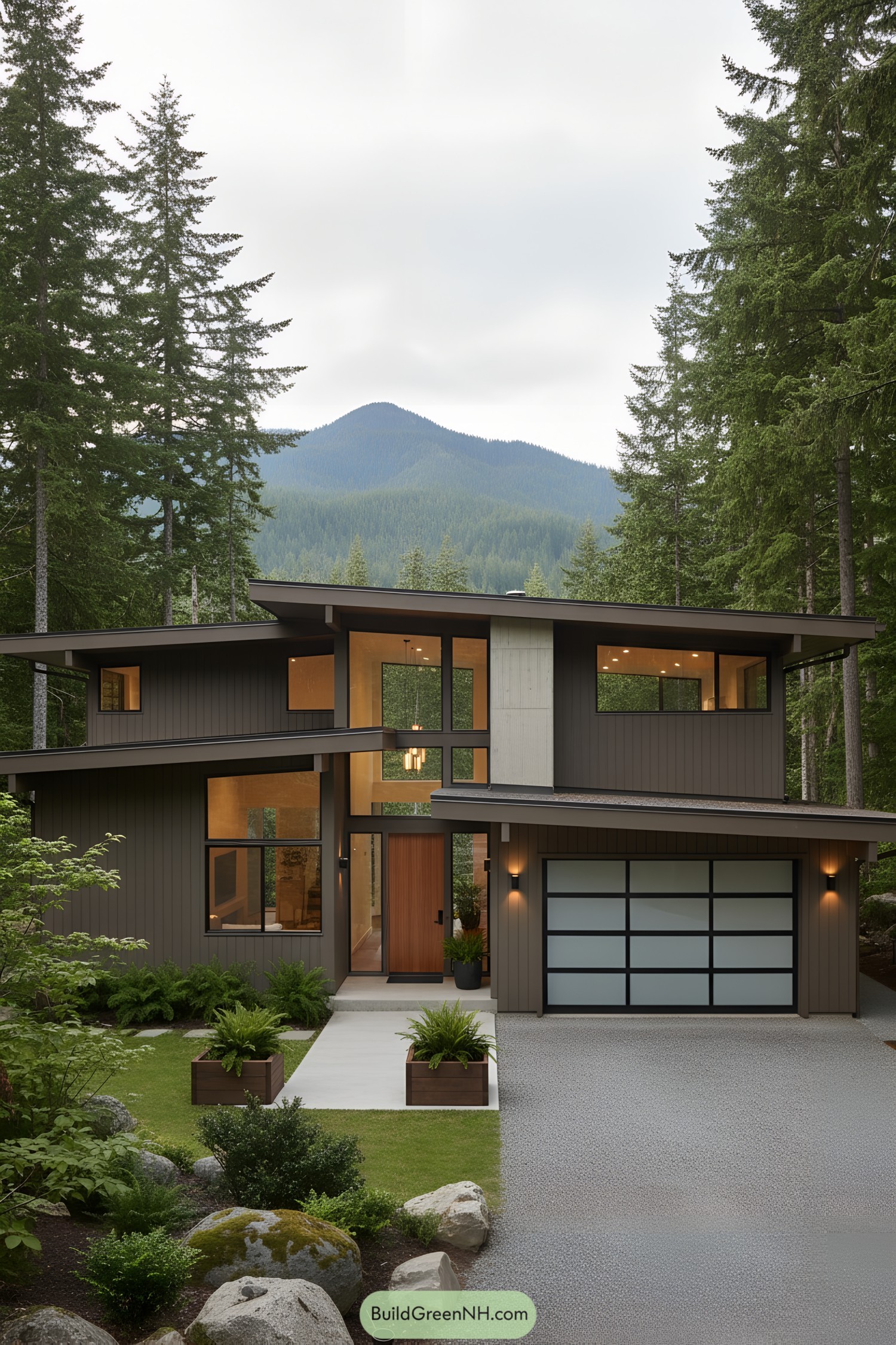 Modern mountain house with clean lines and large windows