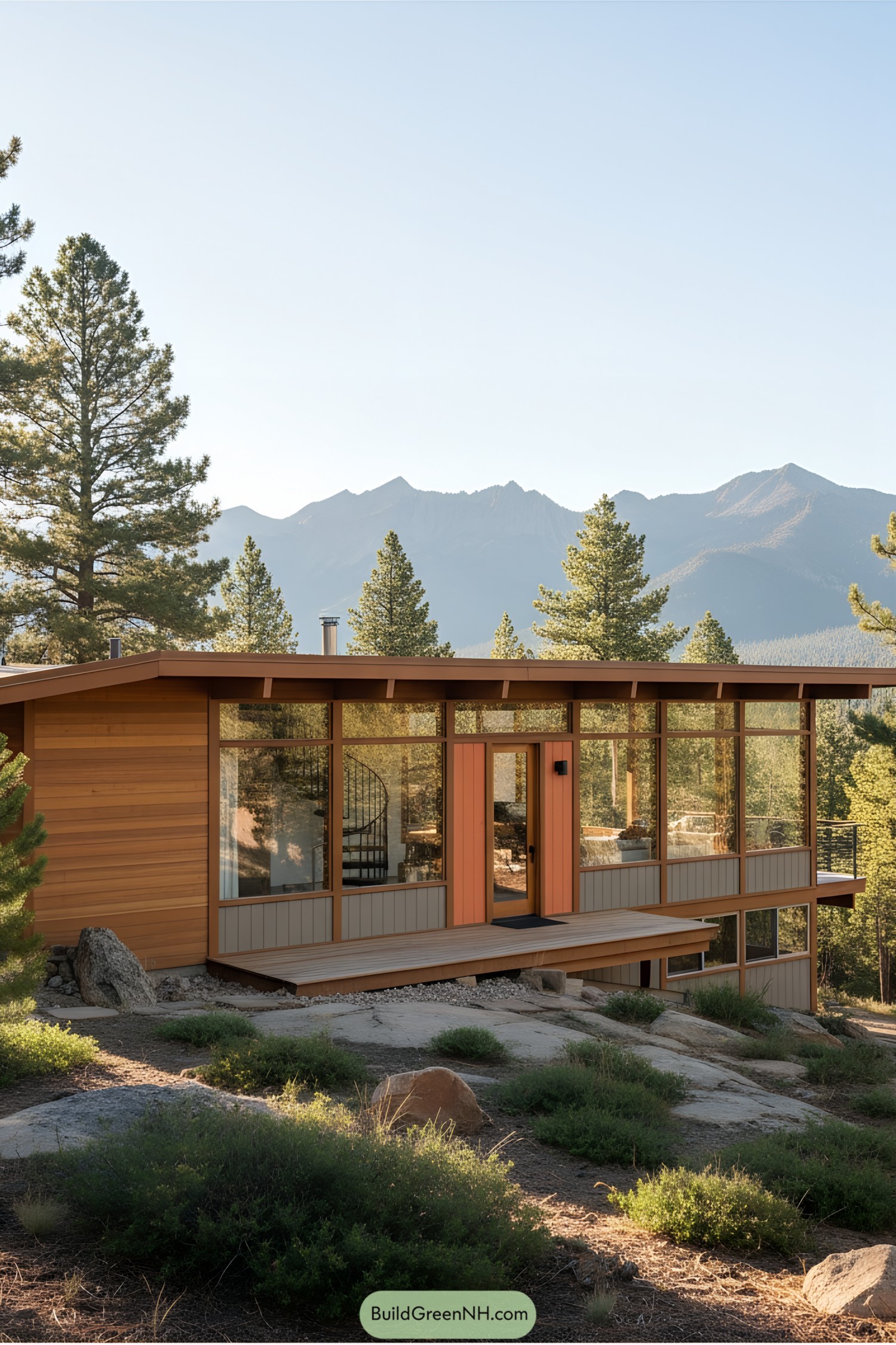 Wooden mid-century modern house with a glass front in a mountain setting