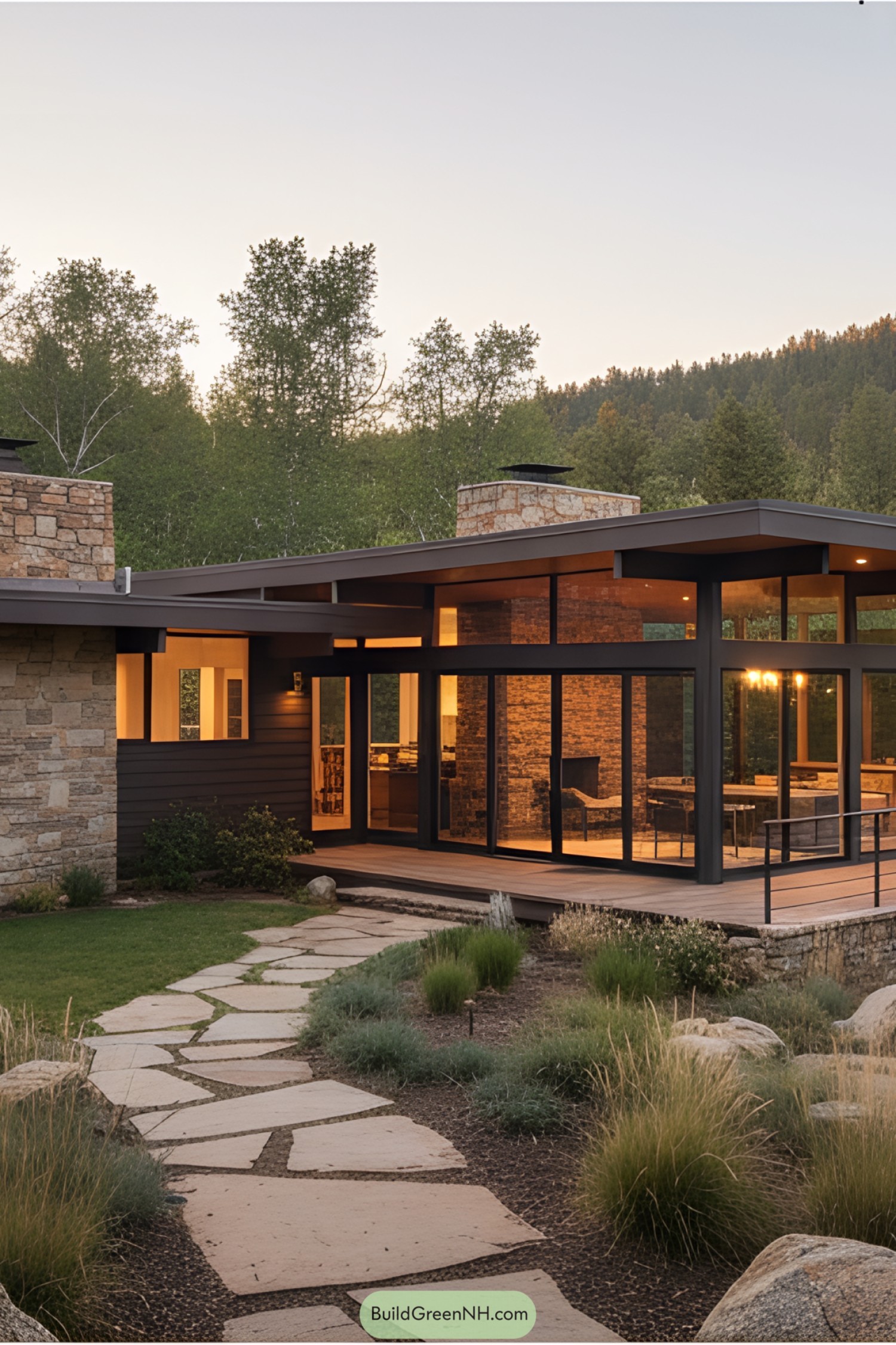 Mid-century house with glass walls and stone chimney surrounded by trees