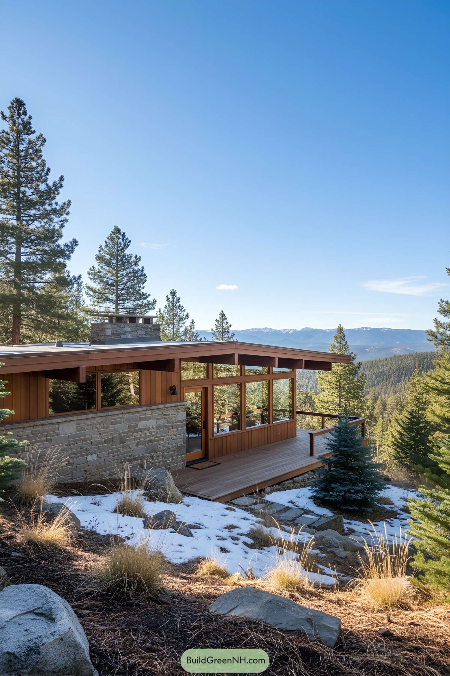 Contemporary mountain house surrounded by trees