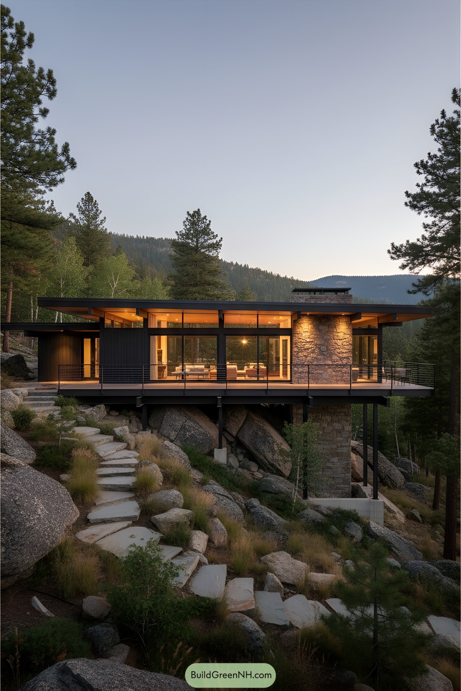 Elegant mid-century home in the mountains with large glass windows