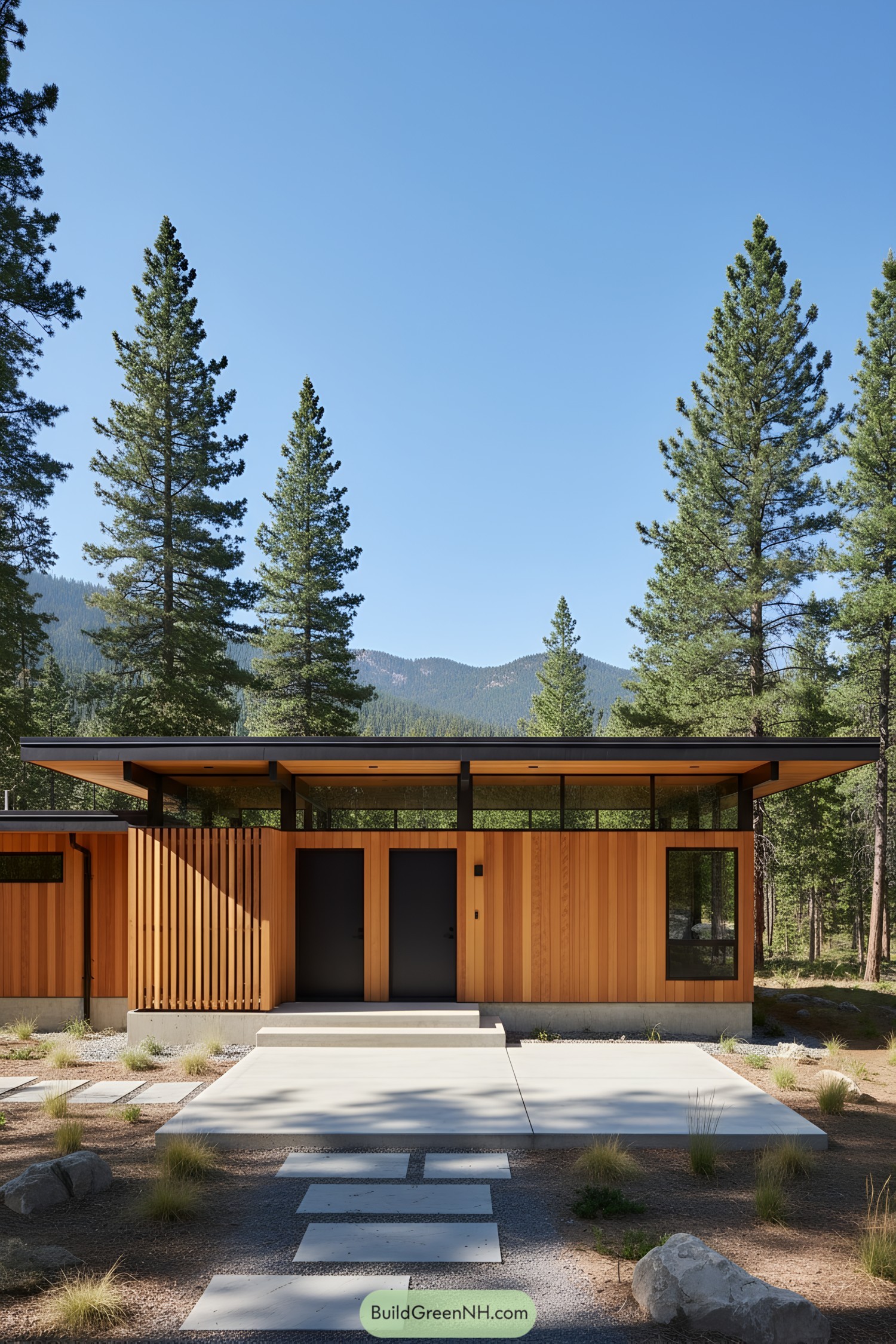 Mountain house with wooden facade and large windows