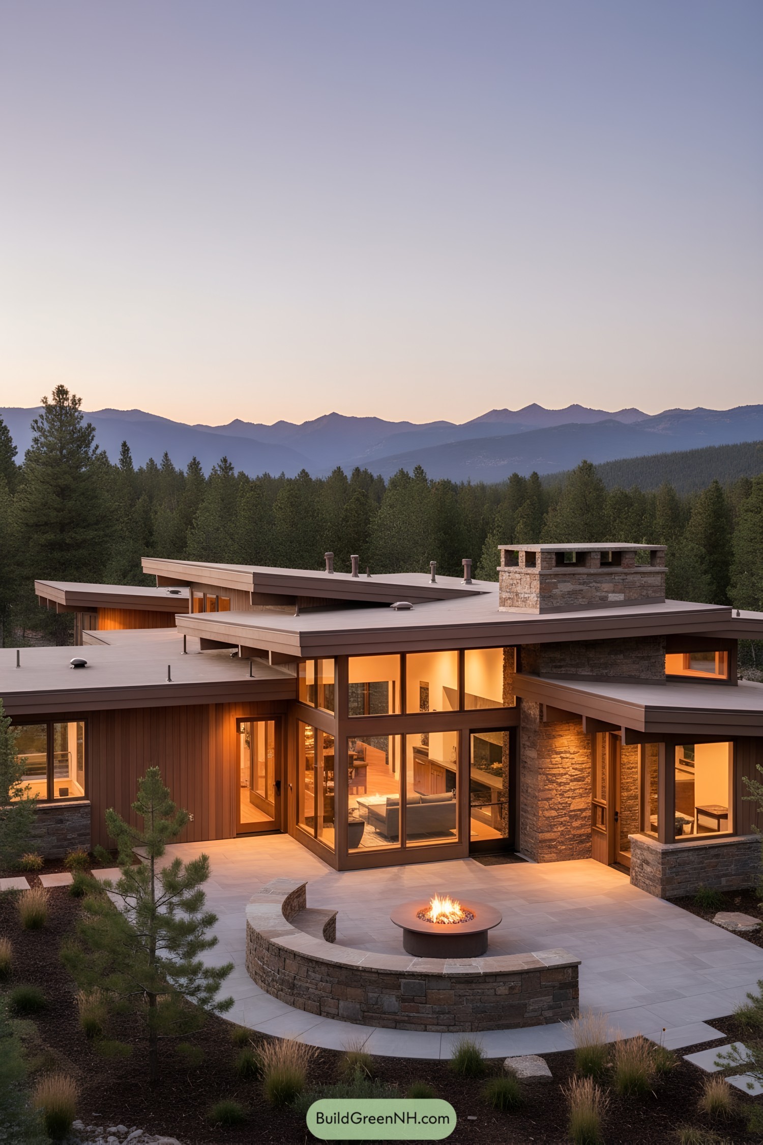 Modern mountain house with fire pit at sunset