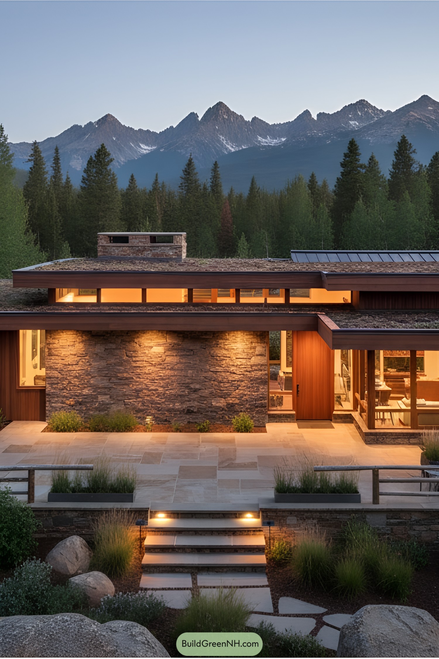 Modern mountain house with clean lines and stone facade