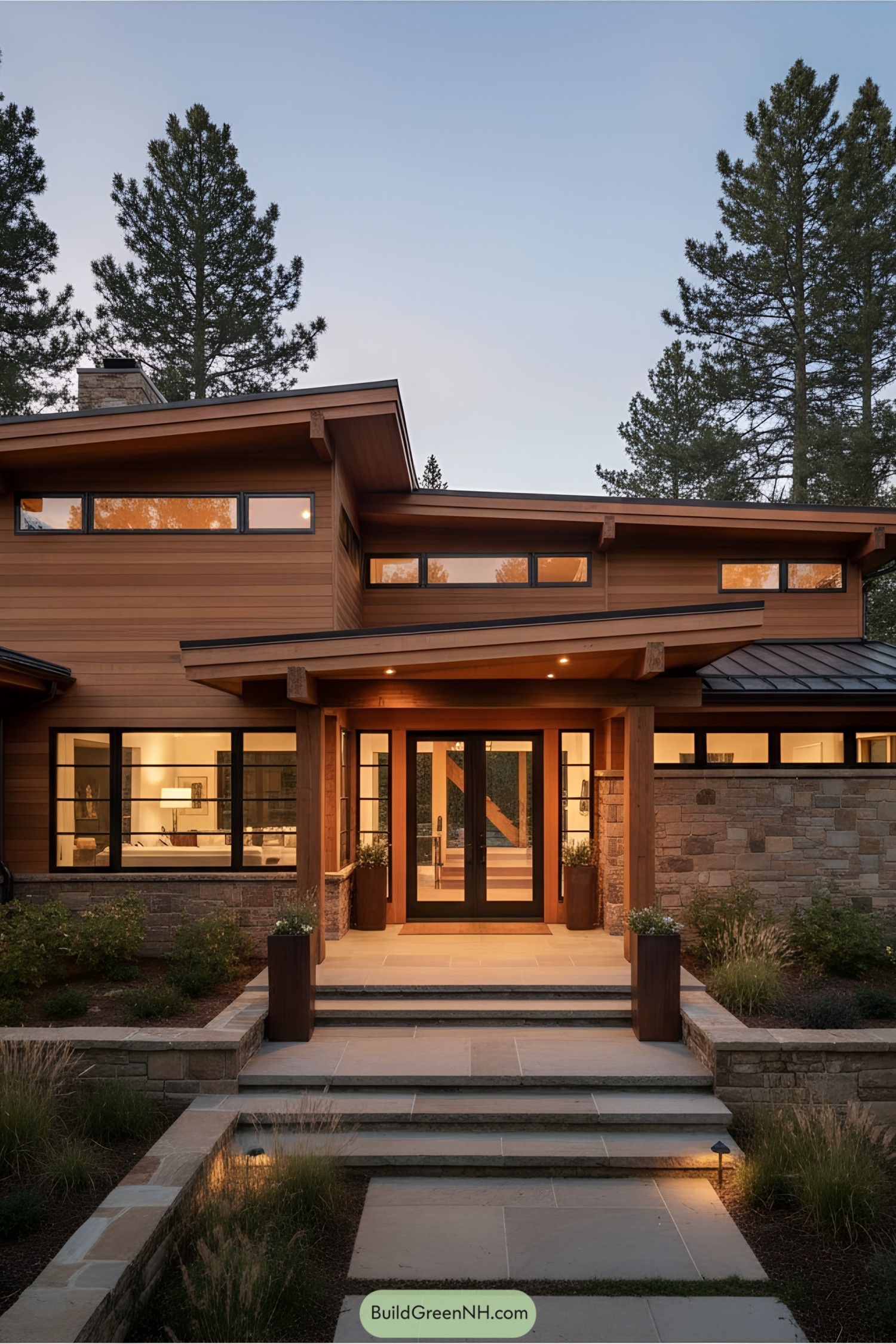 Modern mountain house with warm wood tones