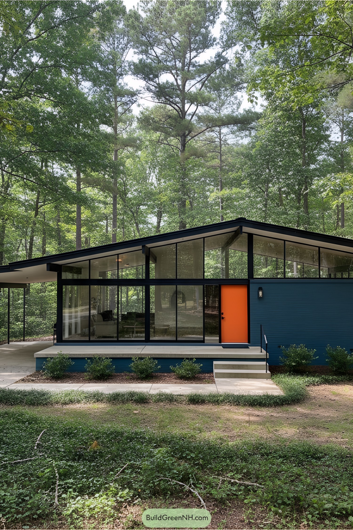 Mid-century modern home with orange door in forest setting
