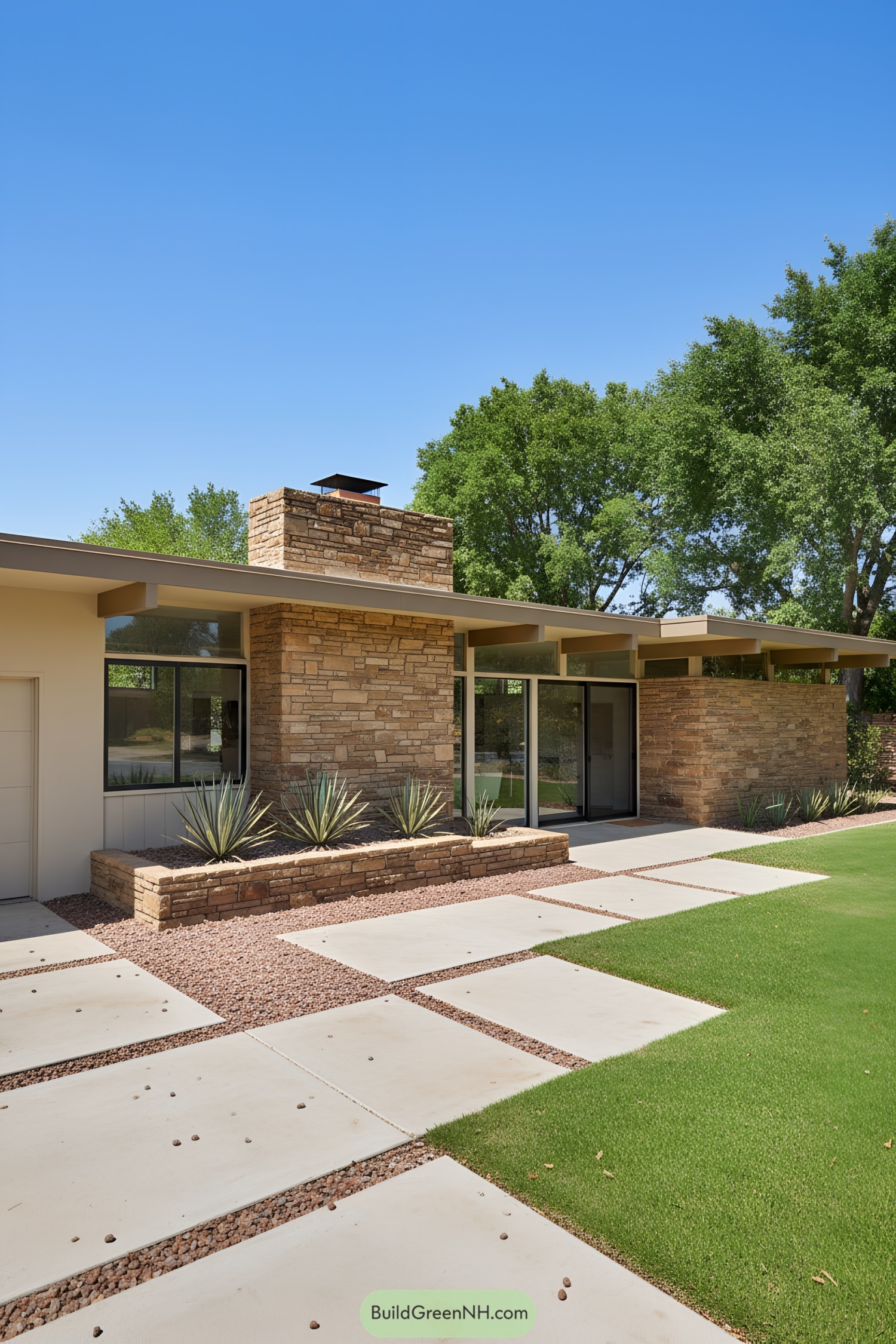 Modern ranch home with stone wall and neatly trimmed lawn