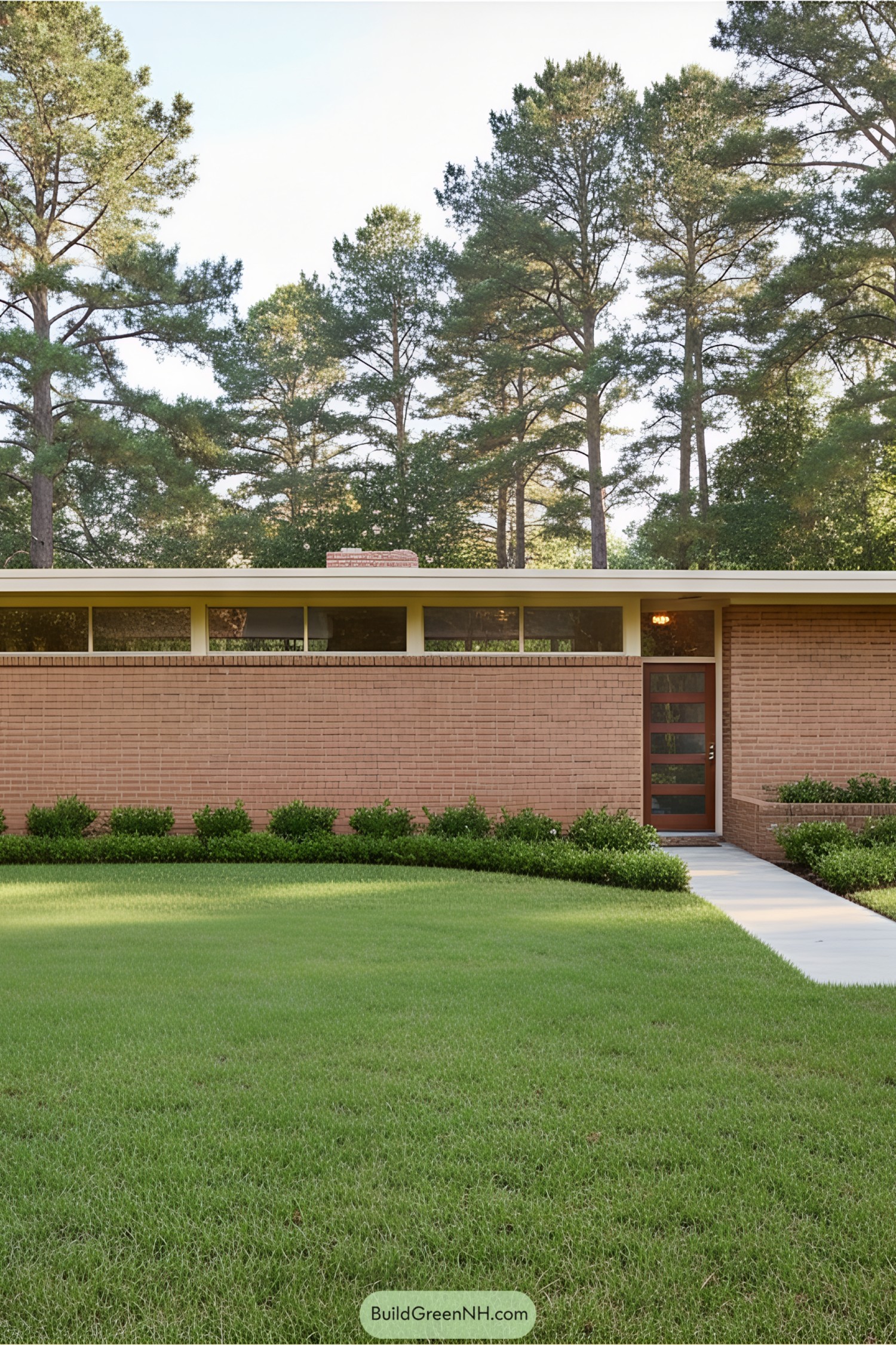 Single-story brick house with a minimalist style surrounded by trees and a well-kept lawn