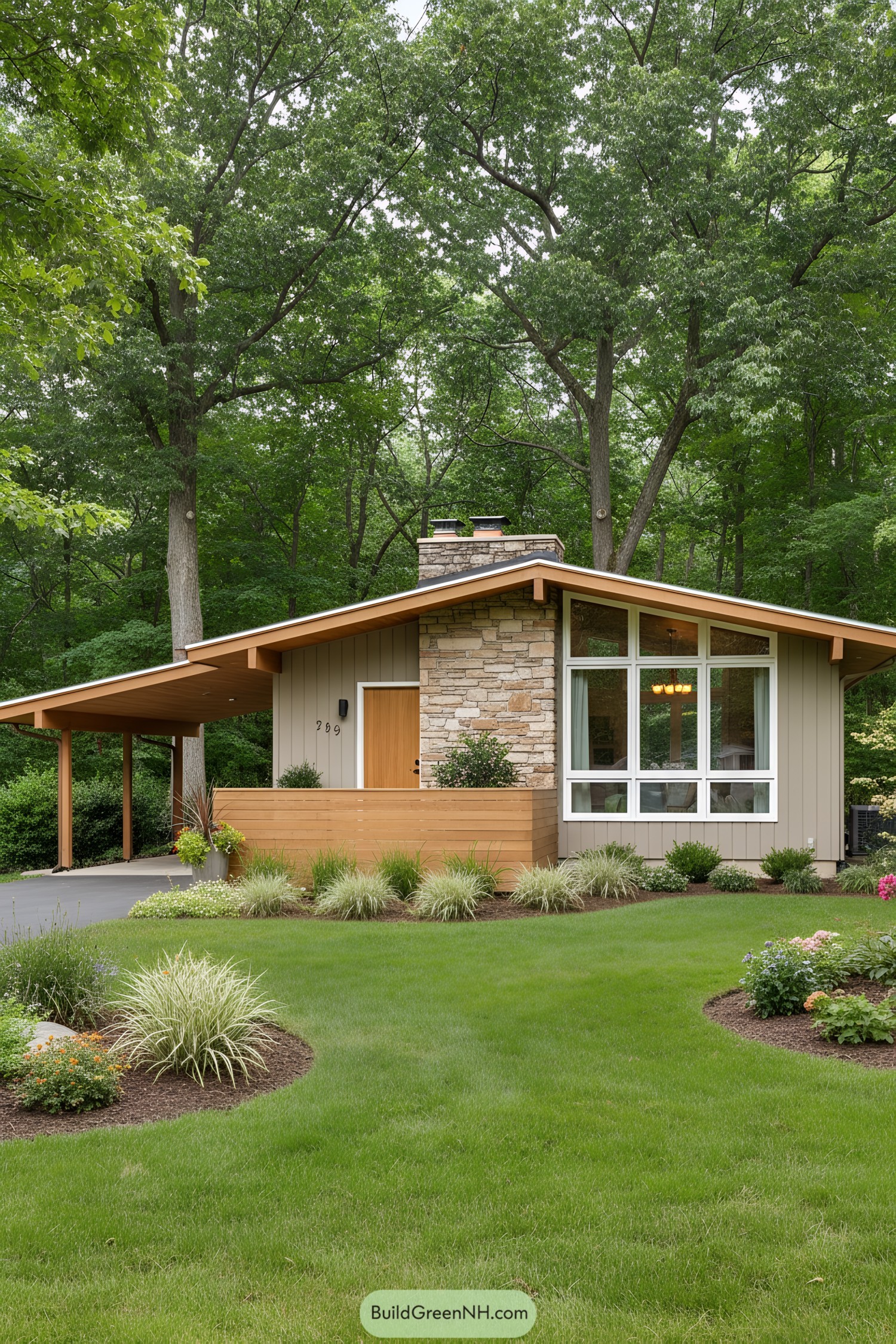 Stylish mid-century home with lush greenery
