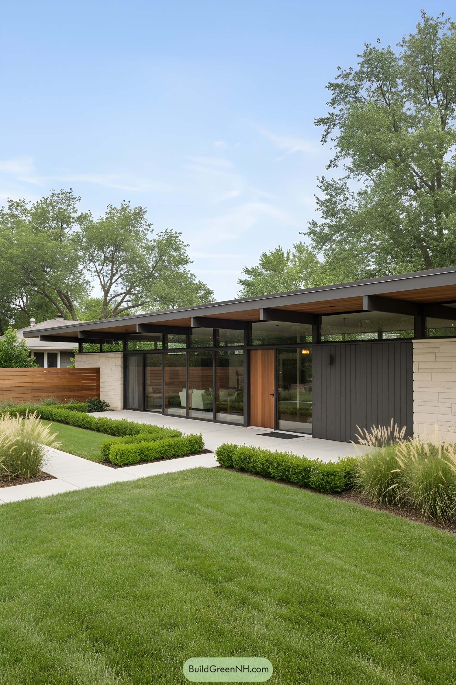 Mid-century ranch home with lush lawn and modern design