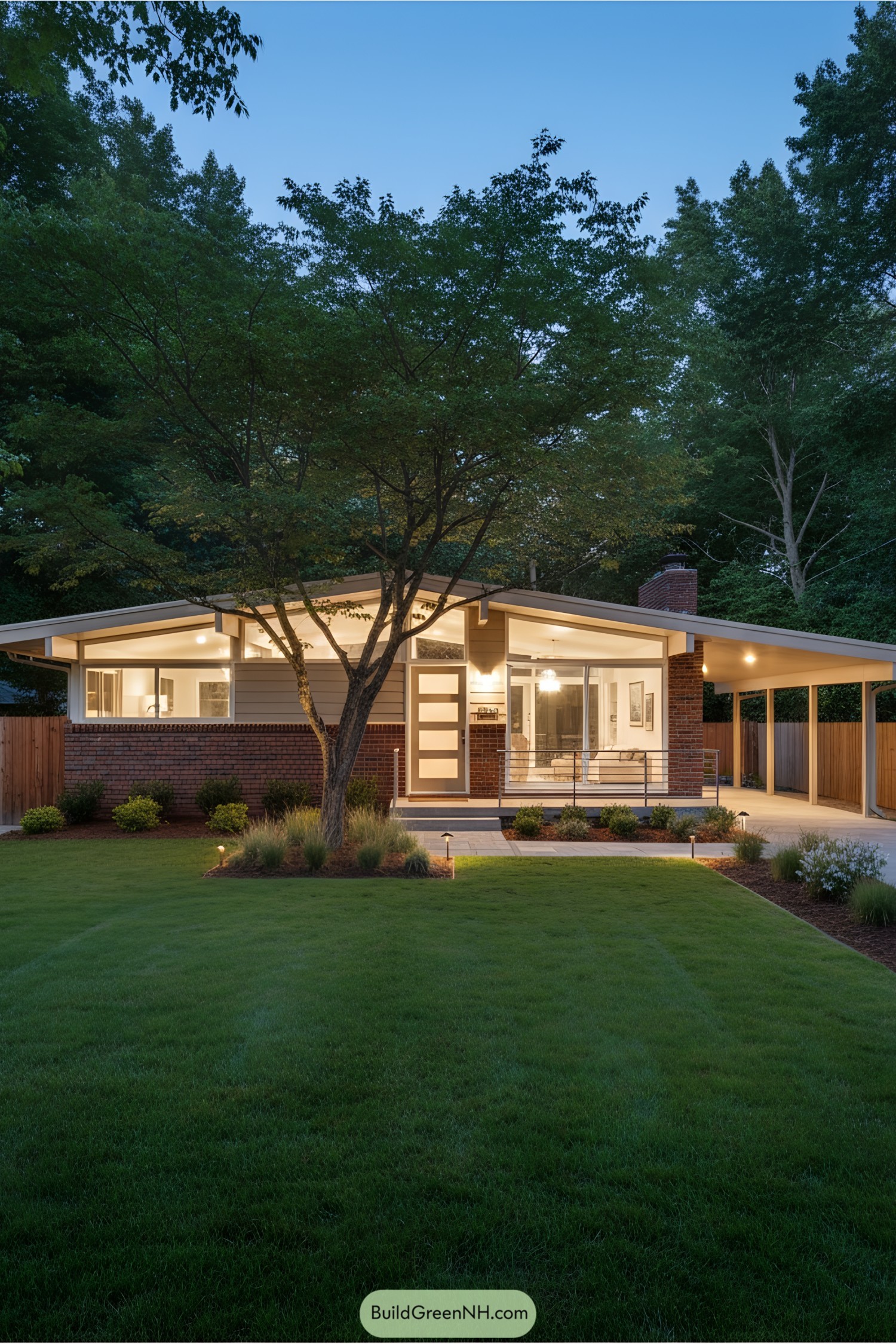 Mid-century modern house surrounded by lush greenery