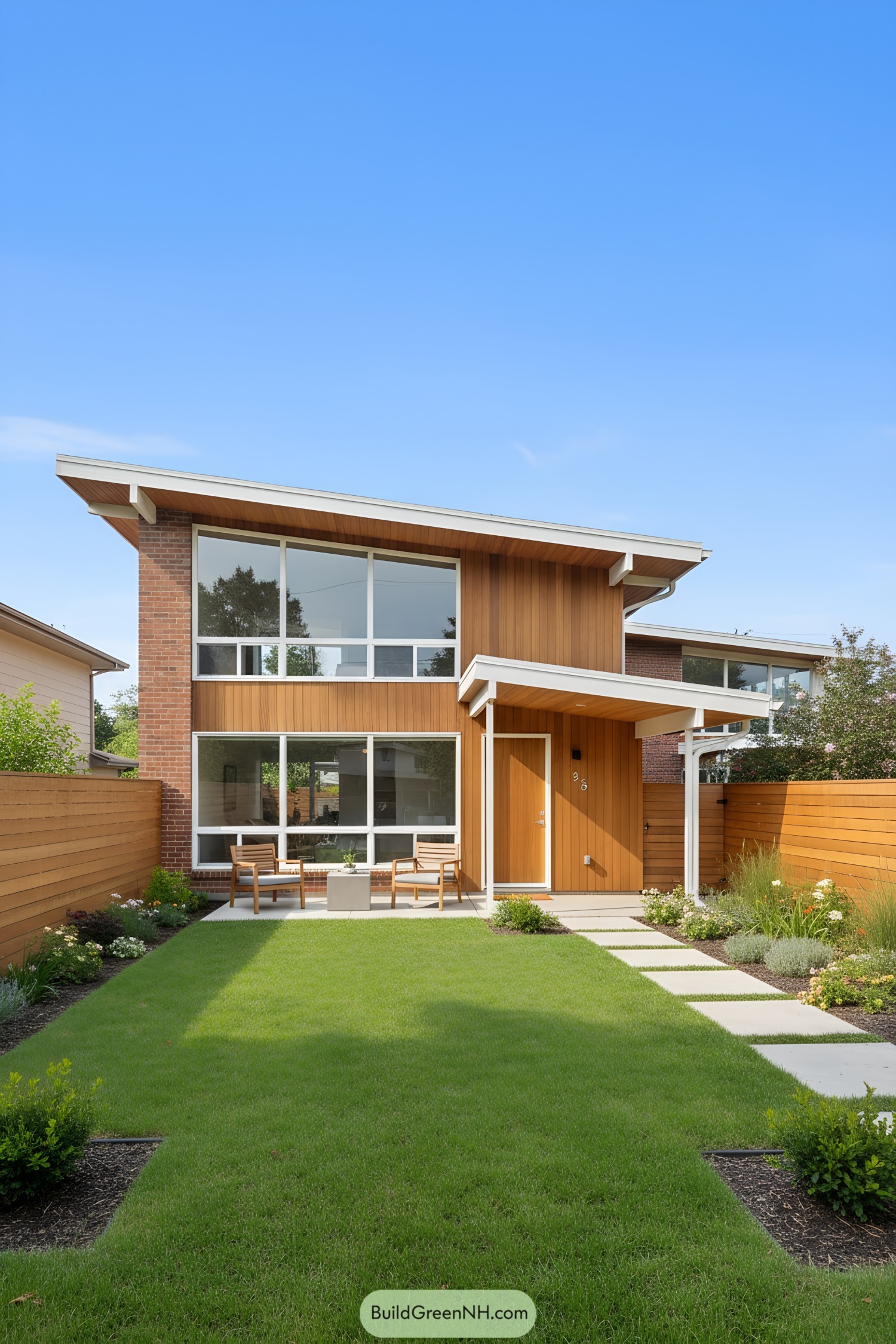 Stylish mid-century modern townhouse with sleek lines and wooden facade