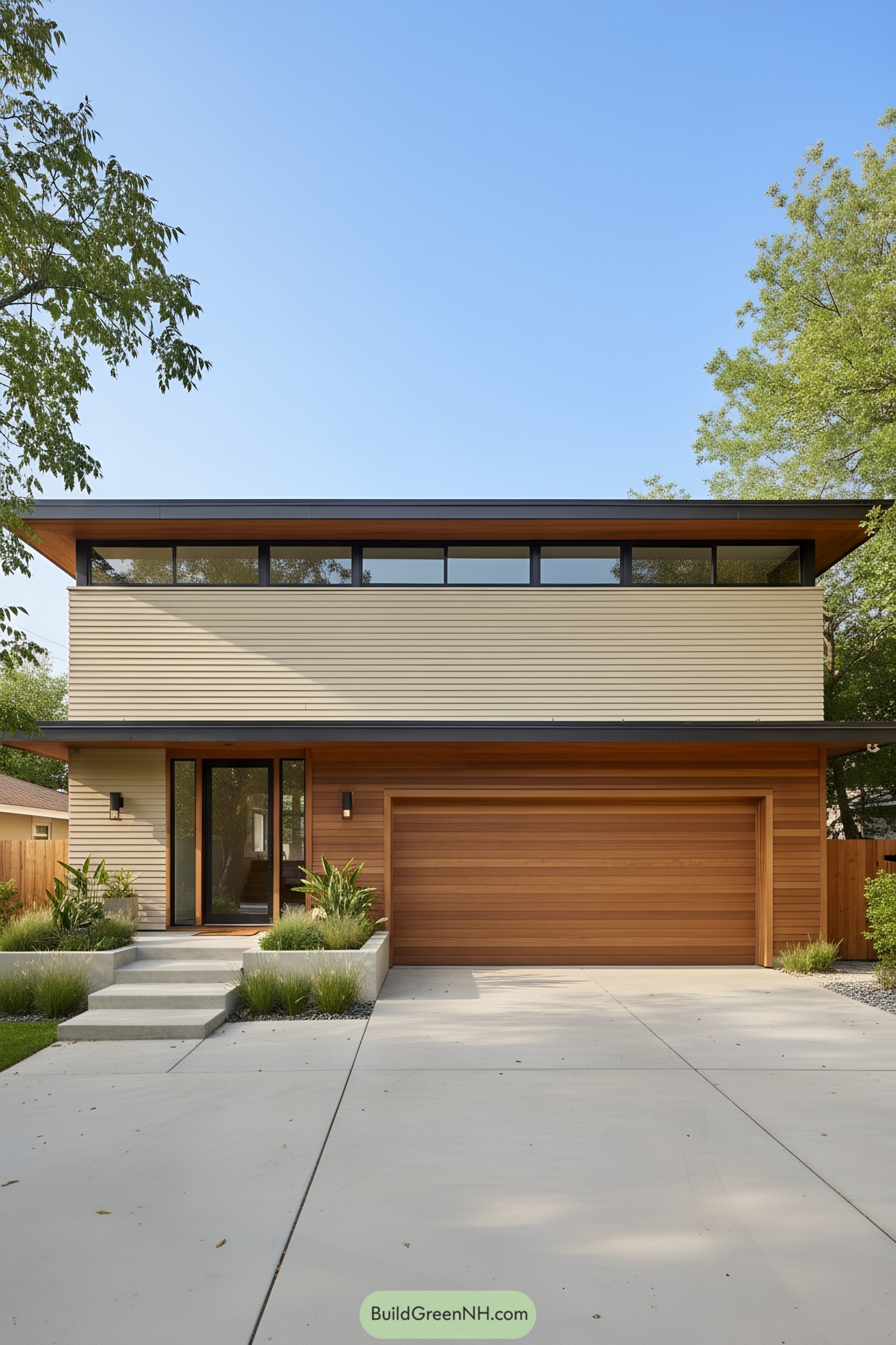 Modern townhouse with wooden facade and large windows